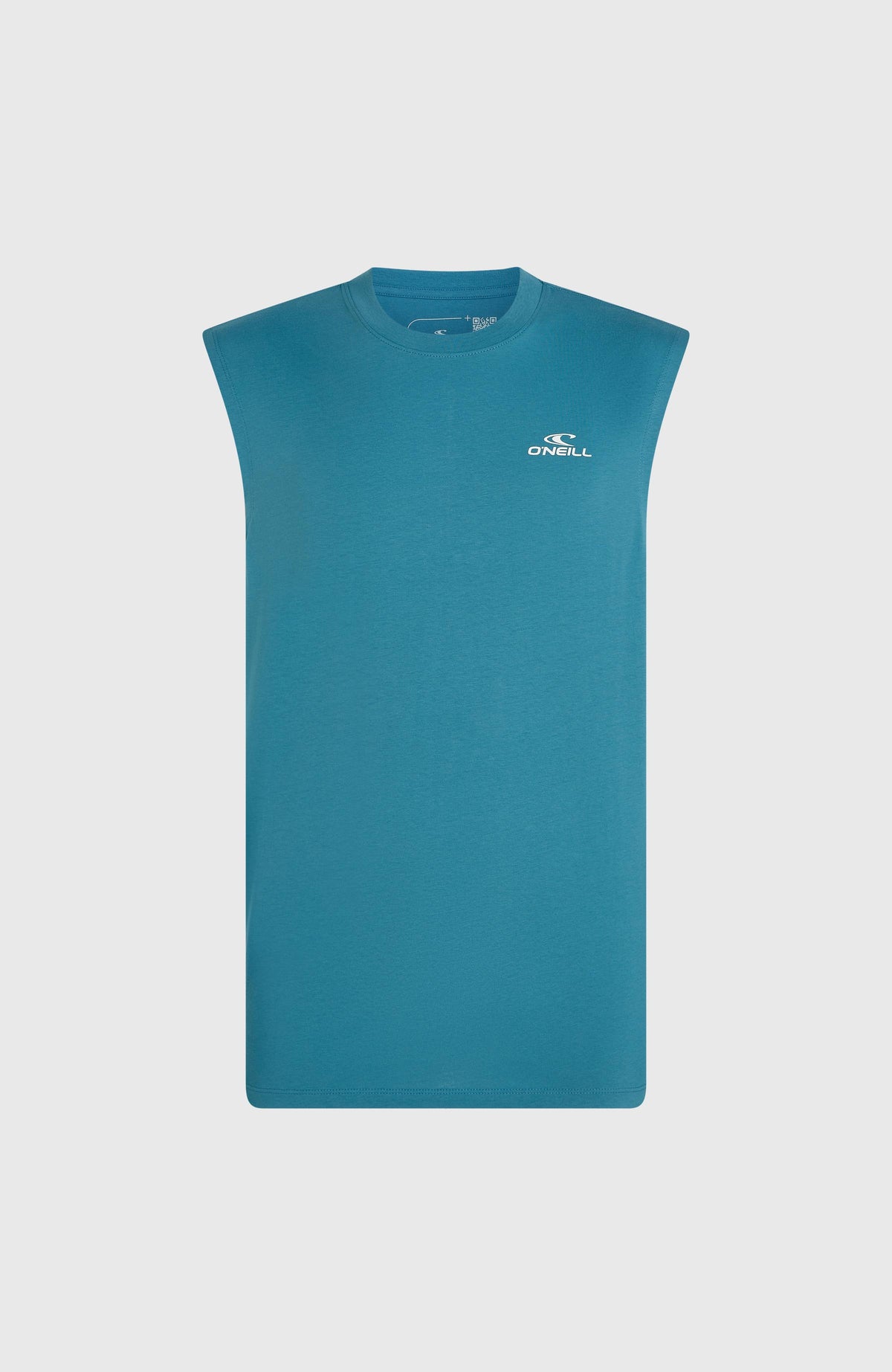 Graphic Tanktop für Herren, blau mit Grafik-Print in Orange und Weiß, flach liegend von vorne mit Rundhalsausschnitt