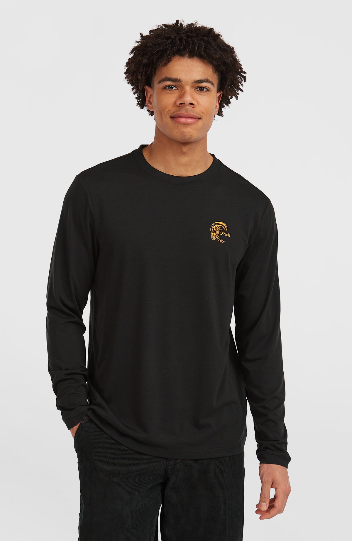 O'Neill O'Riginals Hybrid Langarmshirt für Herren, schwarz mit Logo-Print in Orange, Vorderansicht