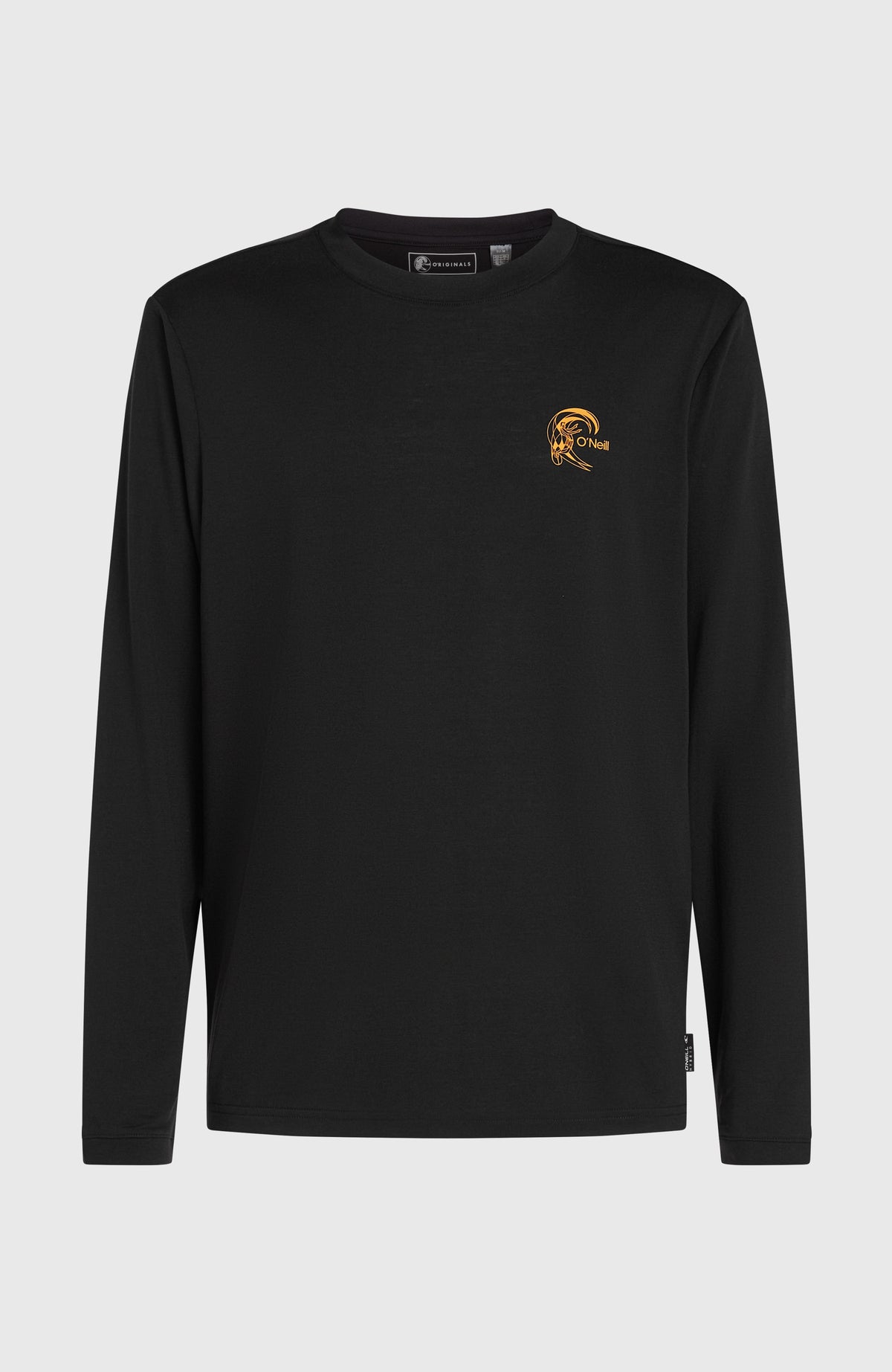 O'Riginals Hybrid Langarmshirt für Herren, schwarz mit Logo-Print in Orange, flach liegend von vorne