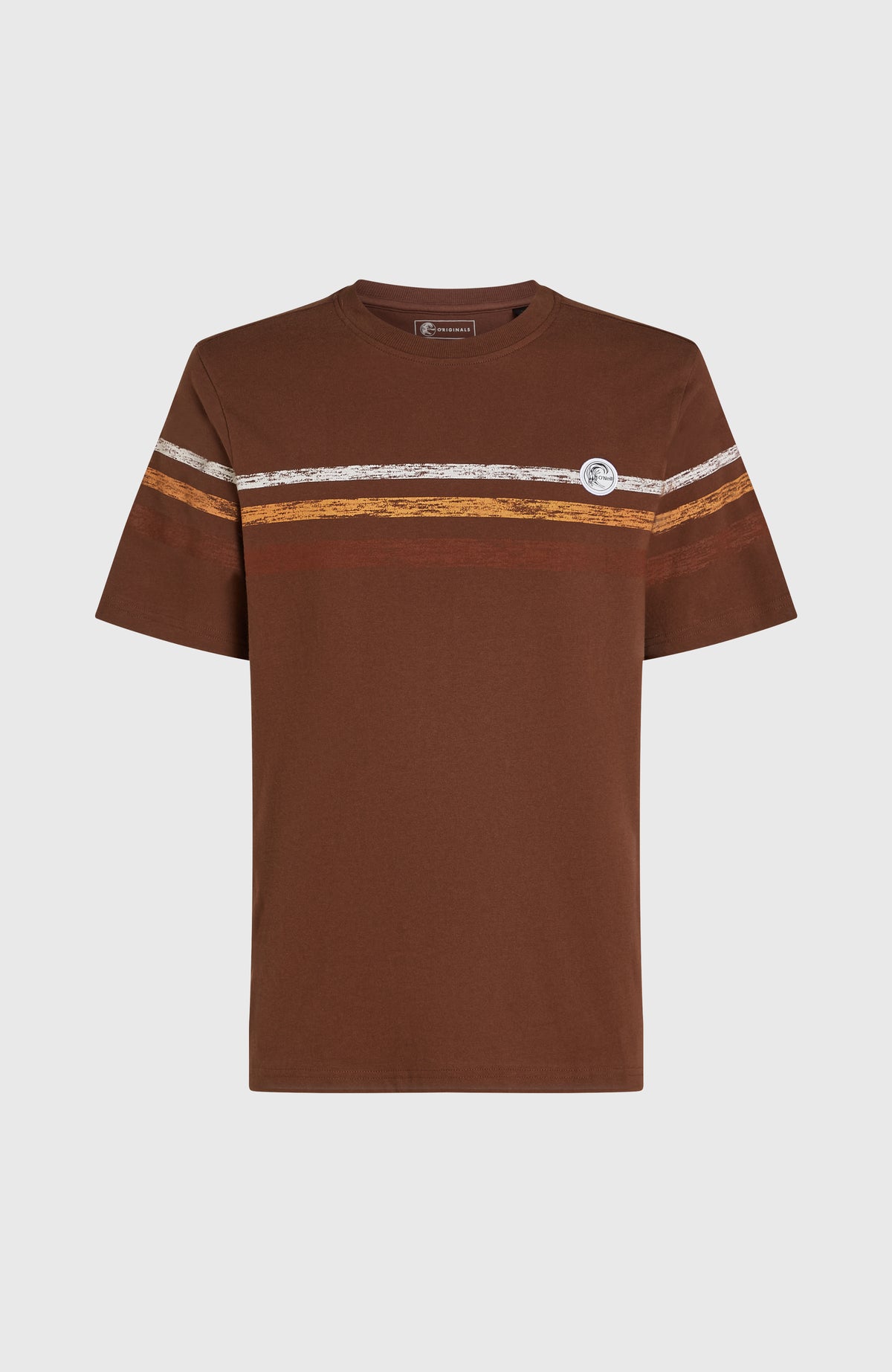 O'Riginals Stripe T-Shirt für Herren, braun mit Streifenmuster in Weiß und Gelb, freigestellt von vorne