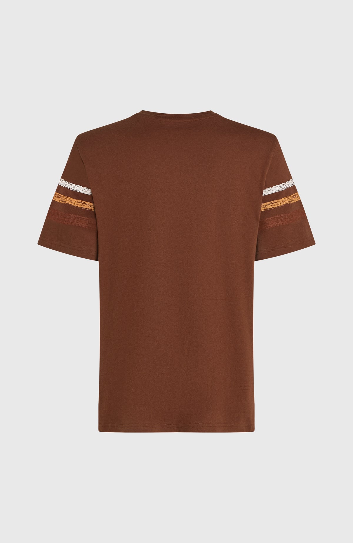 O'Riginals Stripe T-Shirt für Herren, braun mit Streifenmuster in Weiß und Gelb, freigestellt von hinten