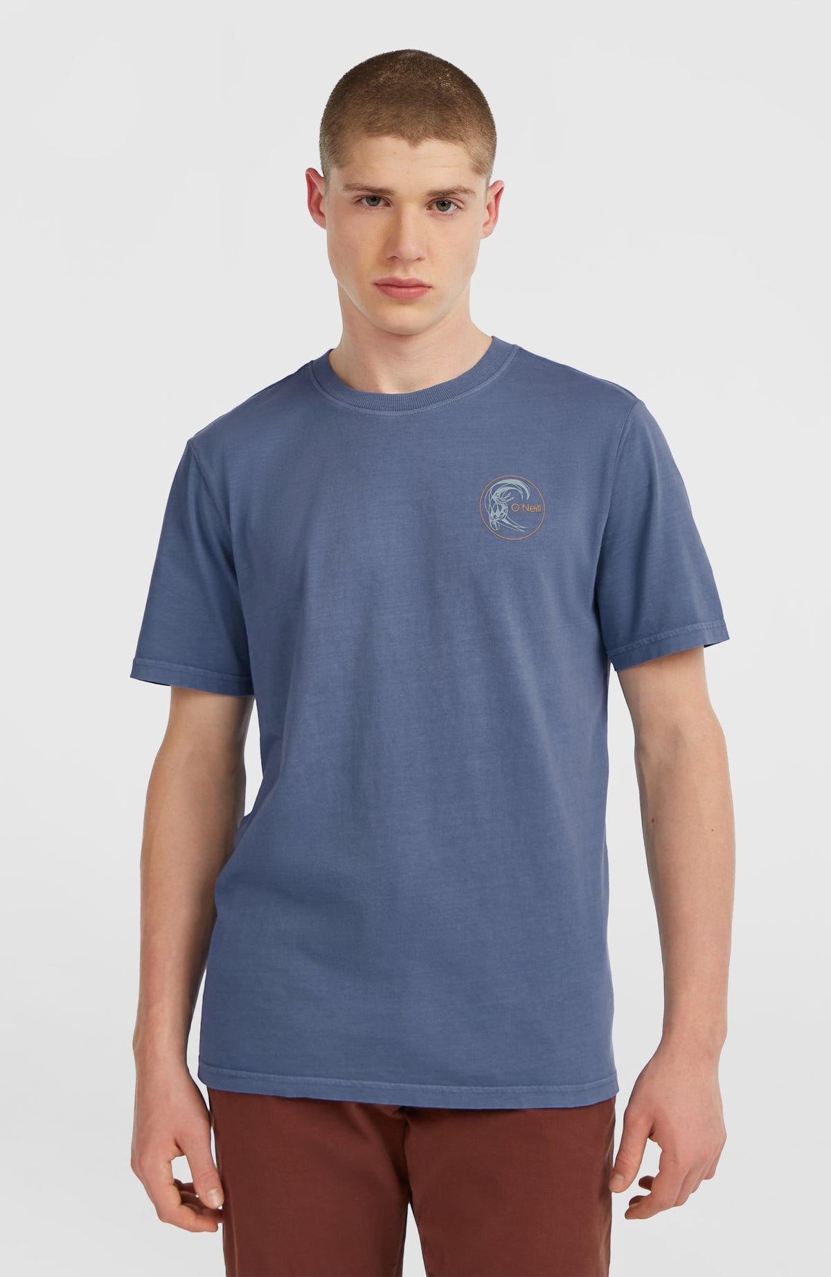 O'Neill O'Riginals Retro Back-Print T-Shirt für Herren, blau mit Logo-Print in Beige, Vorderansicht am Model