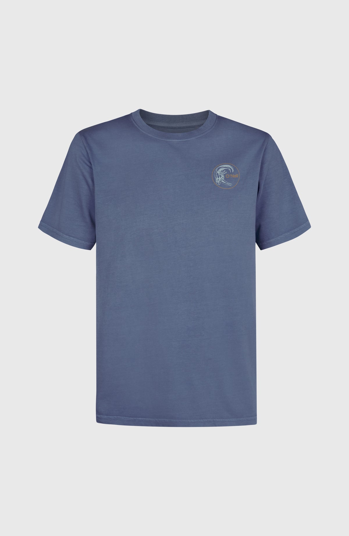 O'Riginals Retro Back-Print T-Shirt für Herren, blau mit Logo-Print in Beige, flach liegend von vorne