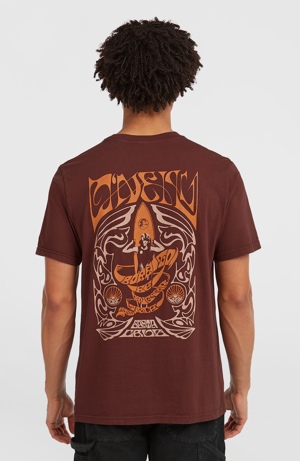 O'Riginals Retro Back-Print T-Shirt für Herren, braun mit Logo-Print in Orange, Rückansicht am Model