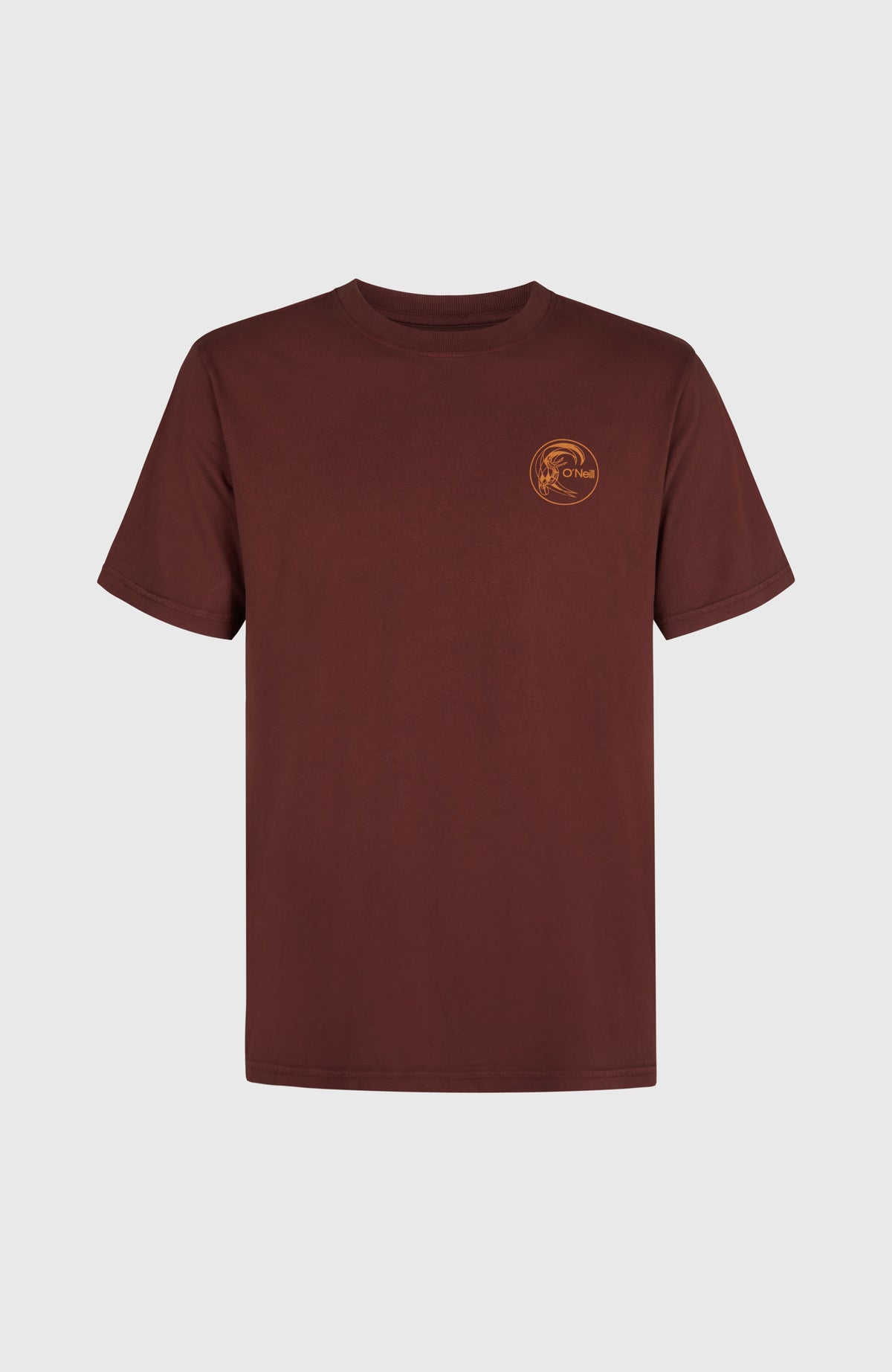 O'Riginals Retro Back-Print T-Shirt für Herren, braun mit Logo-Print in Orange, flach liegend von vorne