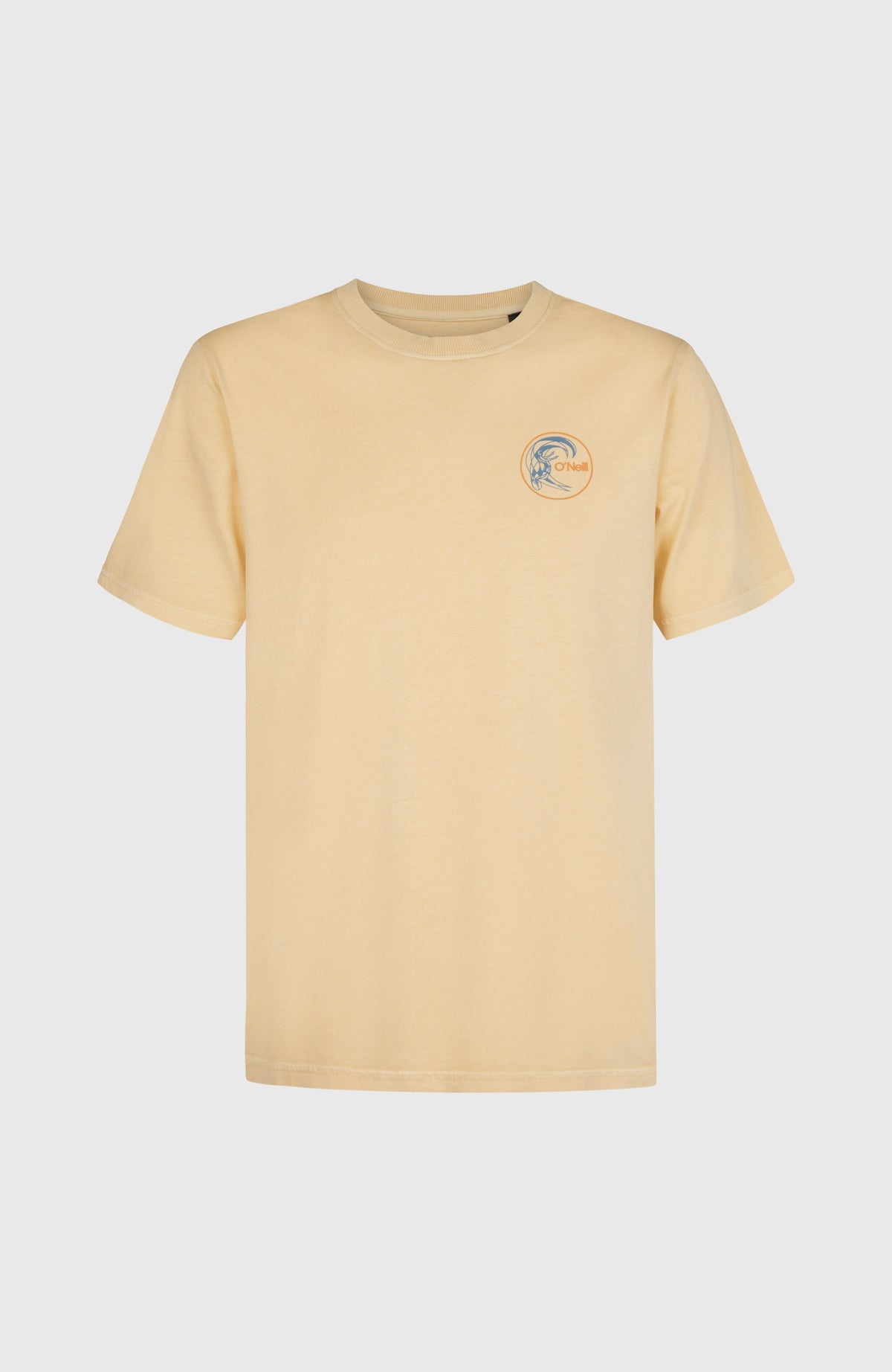 O'Riginals Retro Back-Print T-Shirt für Herren, beige mit Logo-Print in Orange und Blau, freigestellt von vorne