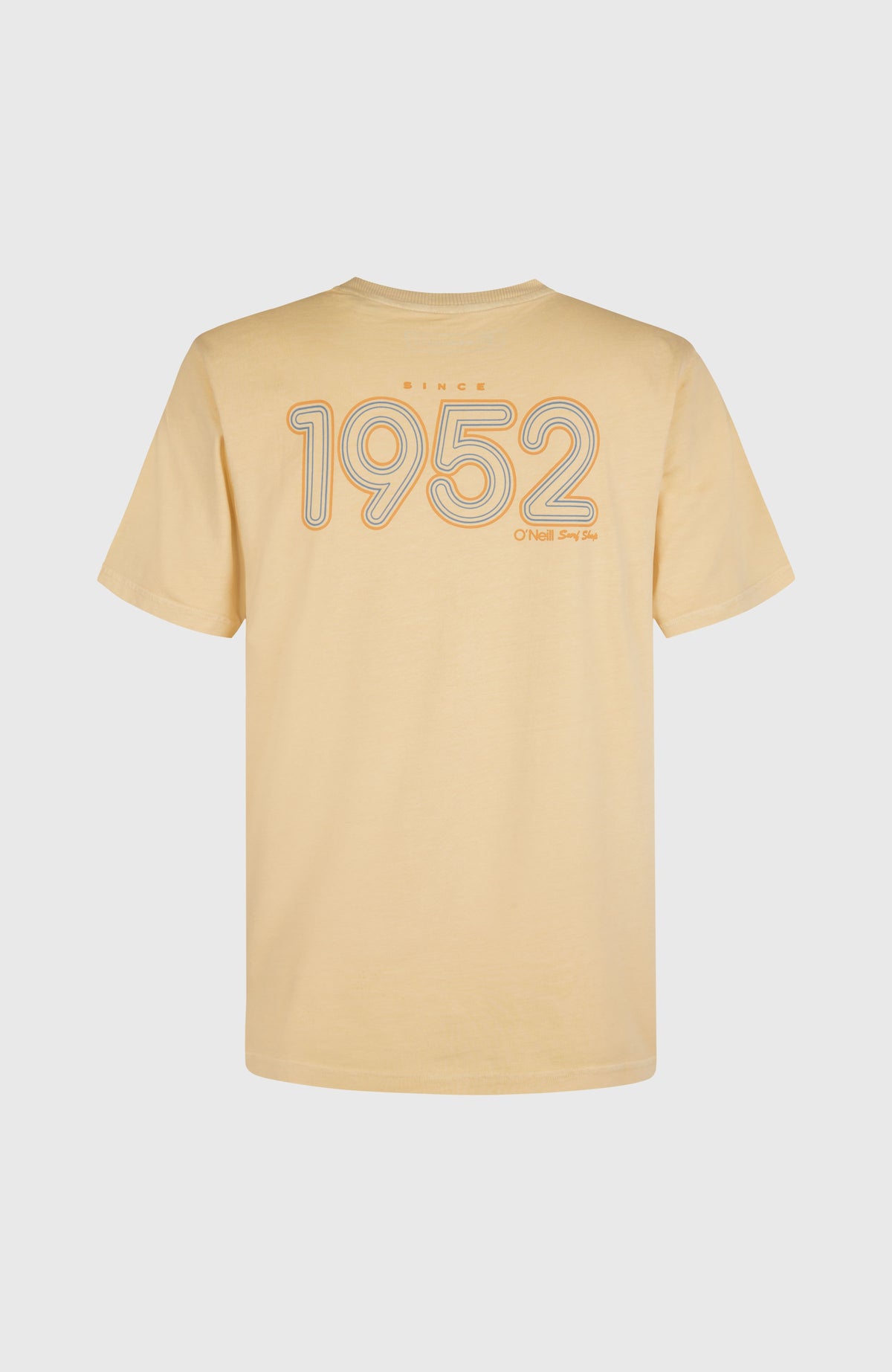 O'Riginals Retro Back-Print T-Shirt für Herren, beige mit Logo-Print in Orange und Blau, freigestellt von hinten