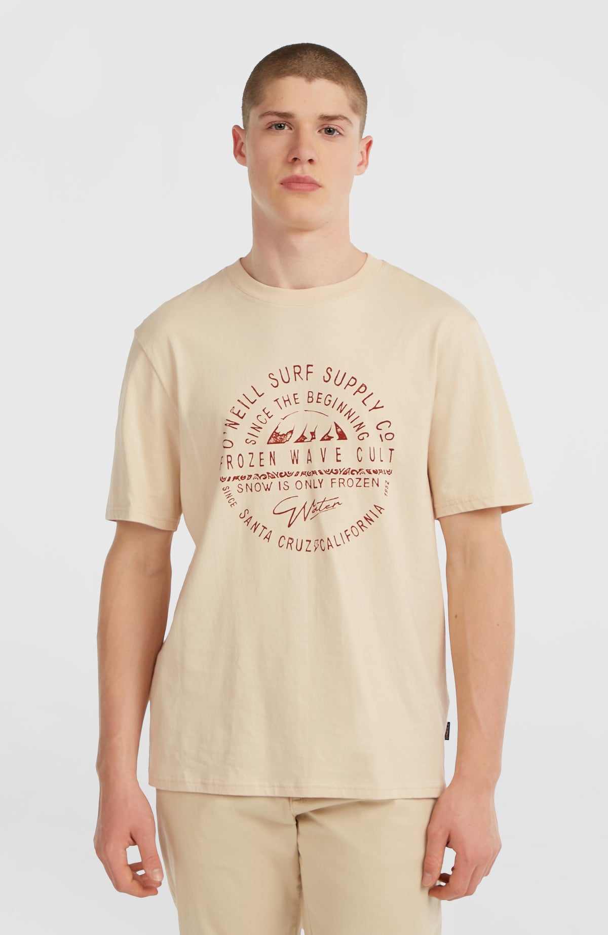 O'Neill Muir T-Shirt für Herren, beige mit Logo-Print in Dunkelrot, Vorderansicht am Model