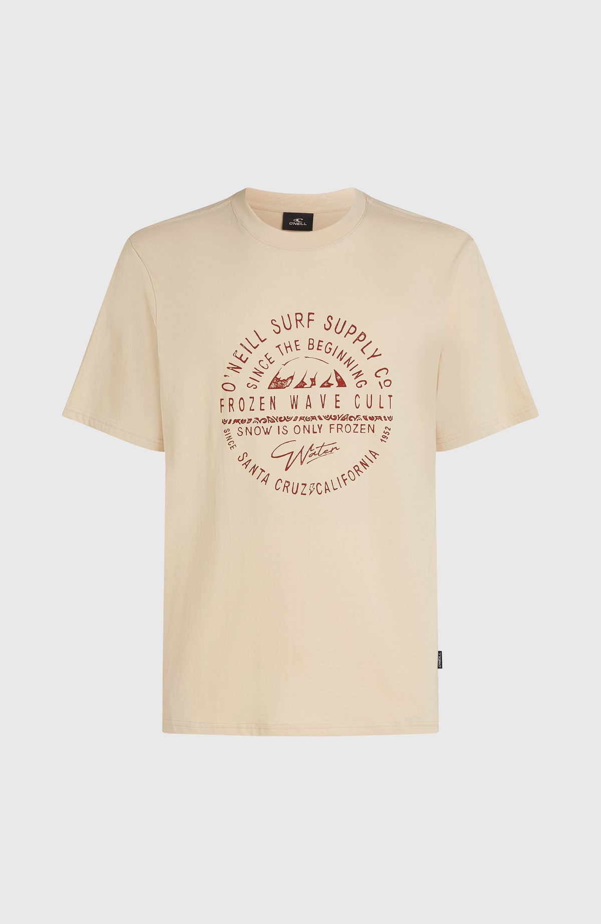 Muir T-Shirt für Herren, beige mit Logo-Print in Dunkelrot, freigestellt von vorne