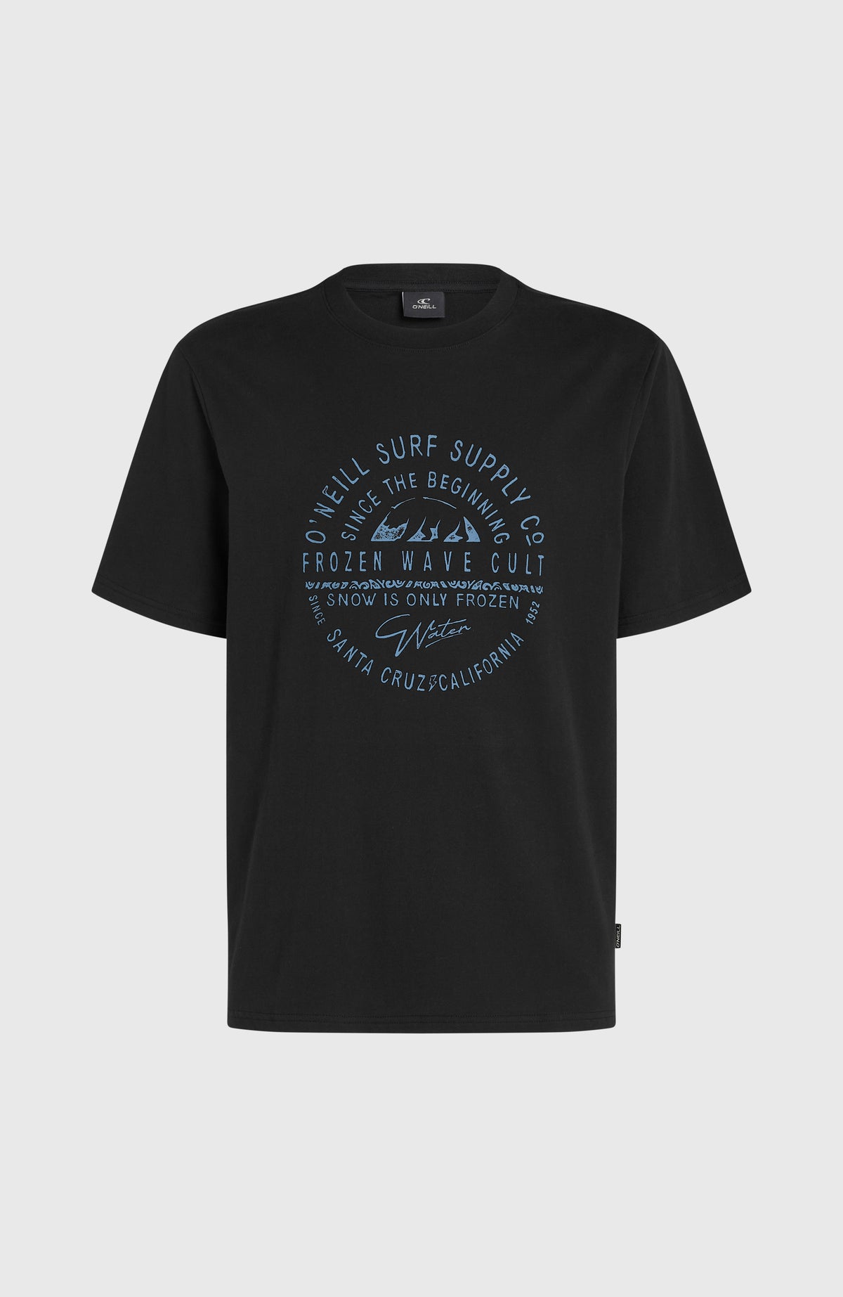 Muir T-Shirt für Herren, schwarz mit Logo-Print in Blau, freigestellt von vorne