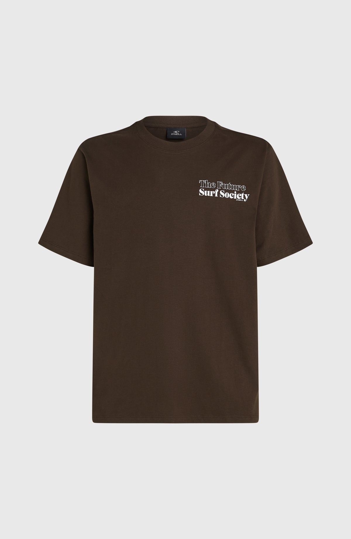 Future Surf Society T-Shirt für Herren, braun mit Logo-Print in Weiß, freigestellt von vorne