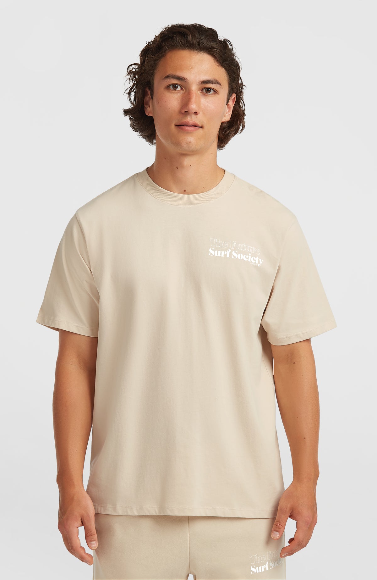 O'Neill Future Surf Society T-Shirt für Herren, beige mit Logo-Print in Weiß, Vorderansicht am Model