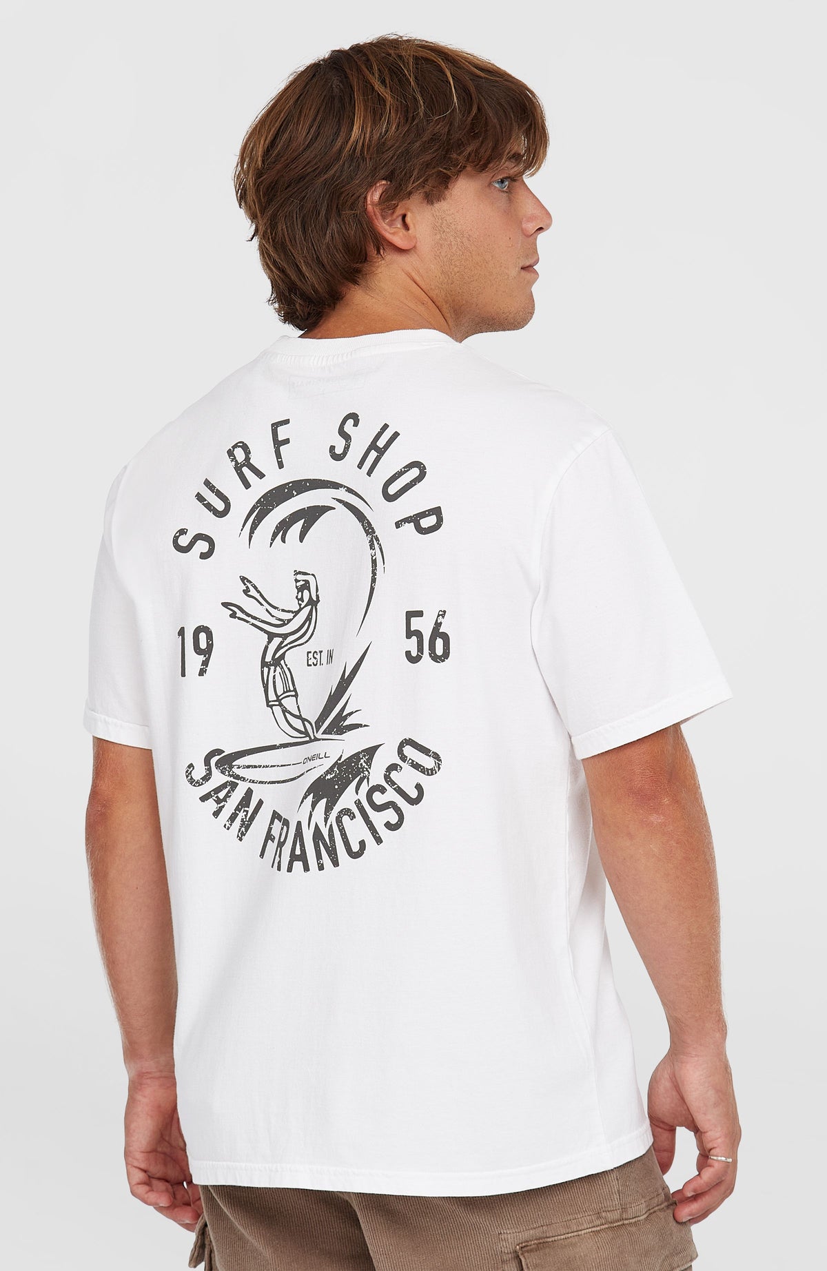O'Riginals Surf Shop T-Shirt für Herren, weiß mit Grafik-Print in Schwarz, Rückansicht mit Rückenmotiv