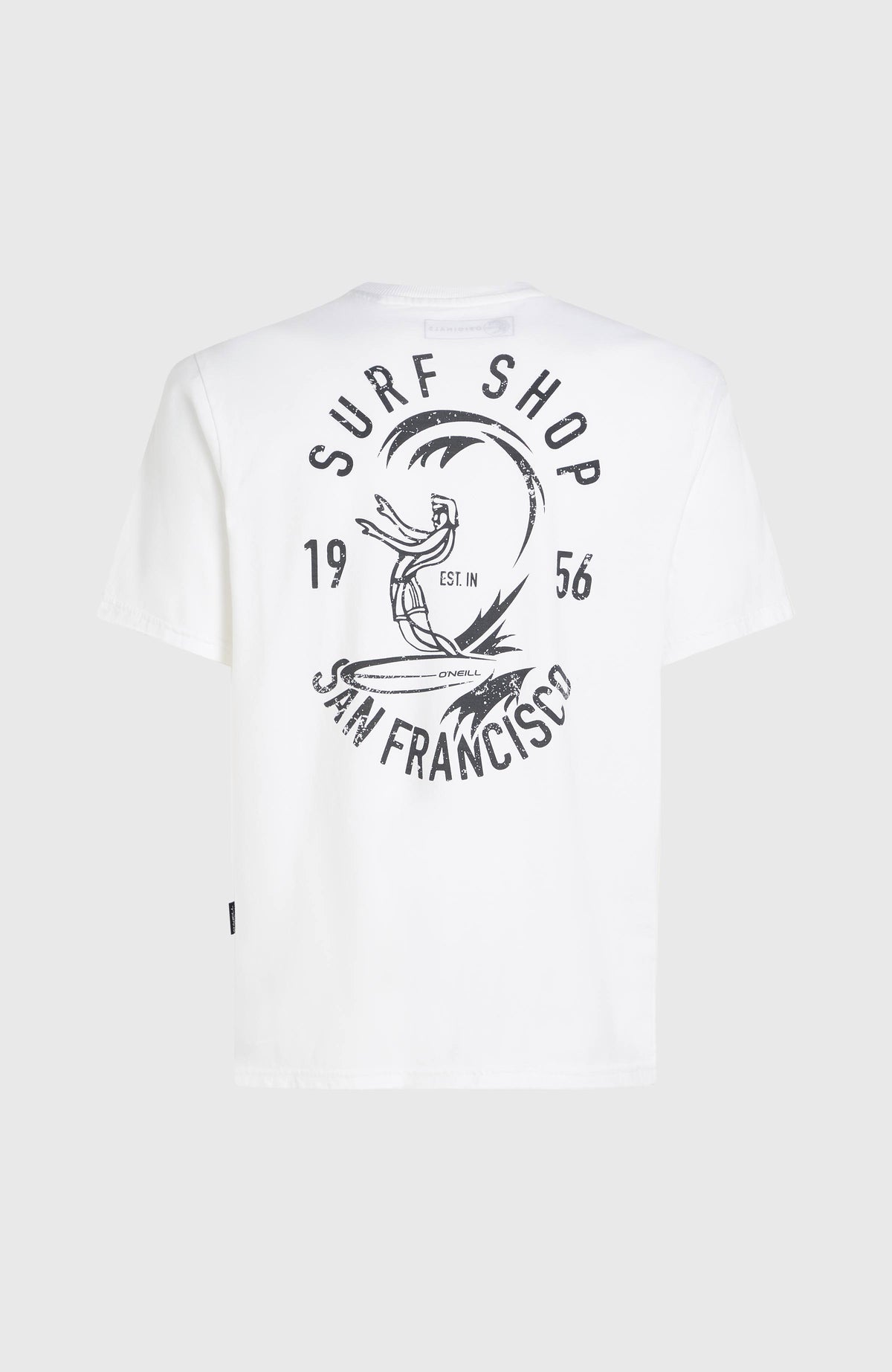 O'Riginals Surf Shop T-Shirt für Herren, weiß mit Grafik-Print in Schwarz, freigestellt von hinten