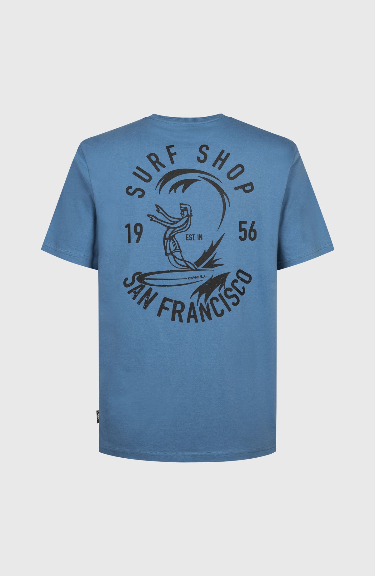 O'Riginals Surf Shop T-Shirt für Herren, blau mit Grafik-Print in Schwarz, flach liegend von hinten