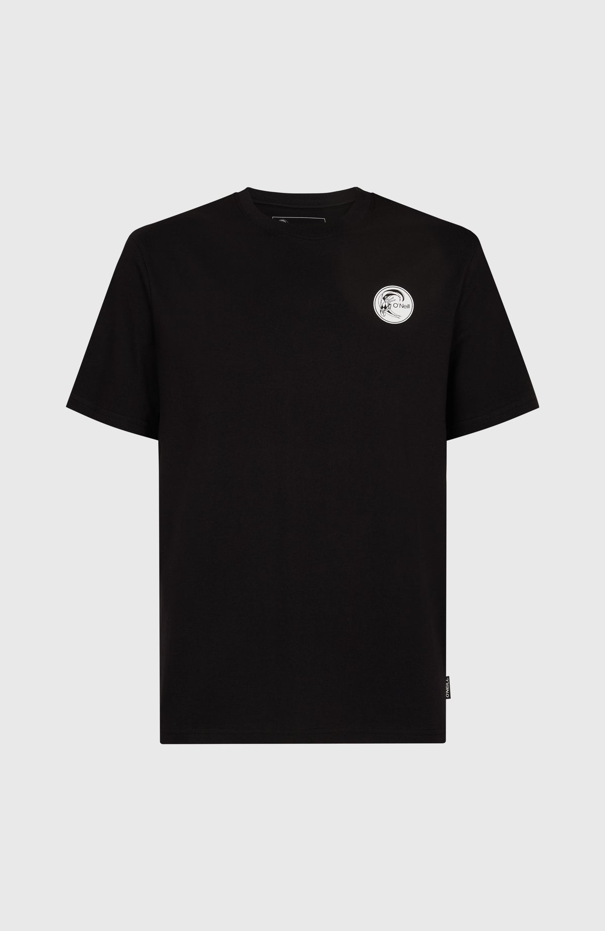 O'Riginals Surf Shop T-Shirt für Herren, schwarz mit Grafik-Print in Weiß, freigestellt von vorne, Rundhalsausschnitt
