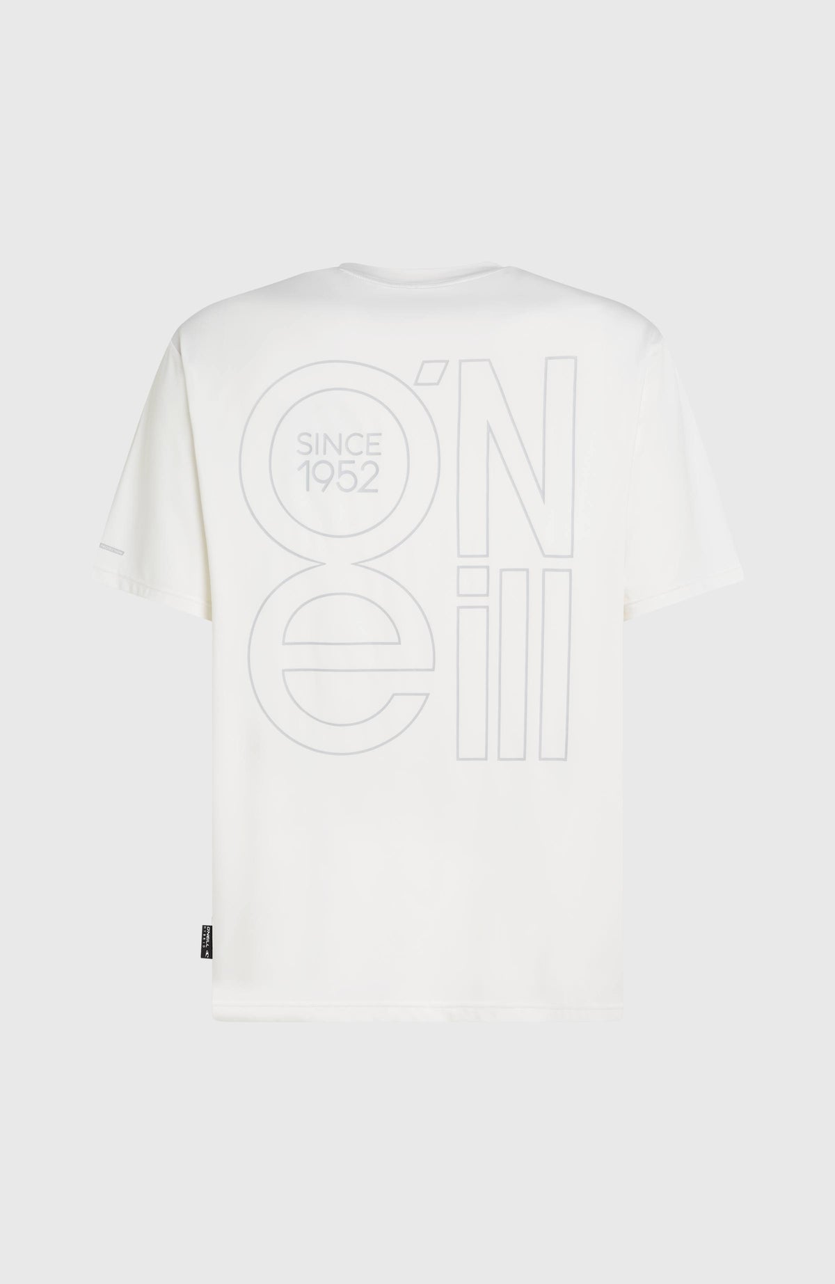 Hybrid UPF T-Shirt für Herren, weiß mit Logo-Print in Grau, freigestellt von hinten mit großem Rückenprint
