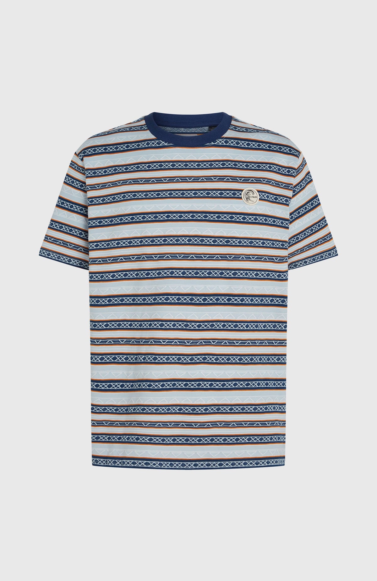 O'Riginals Stripe T-Shirt für Herren, blau mit Streifenmuster in Braun und Weiß, freigestellt von vorne