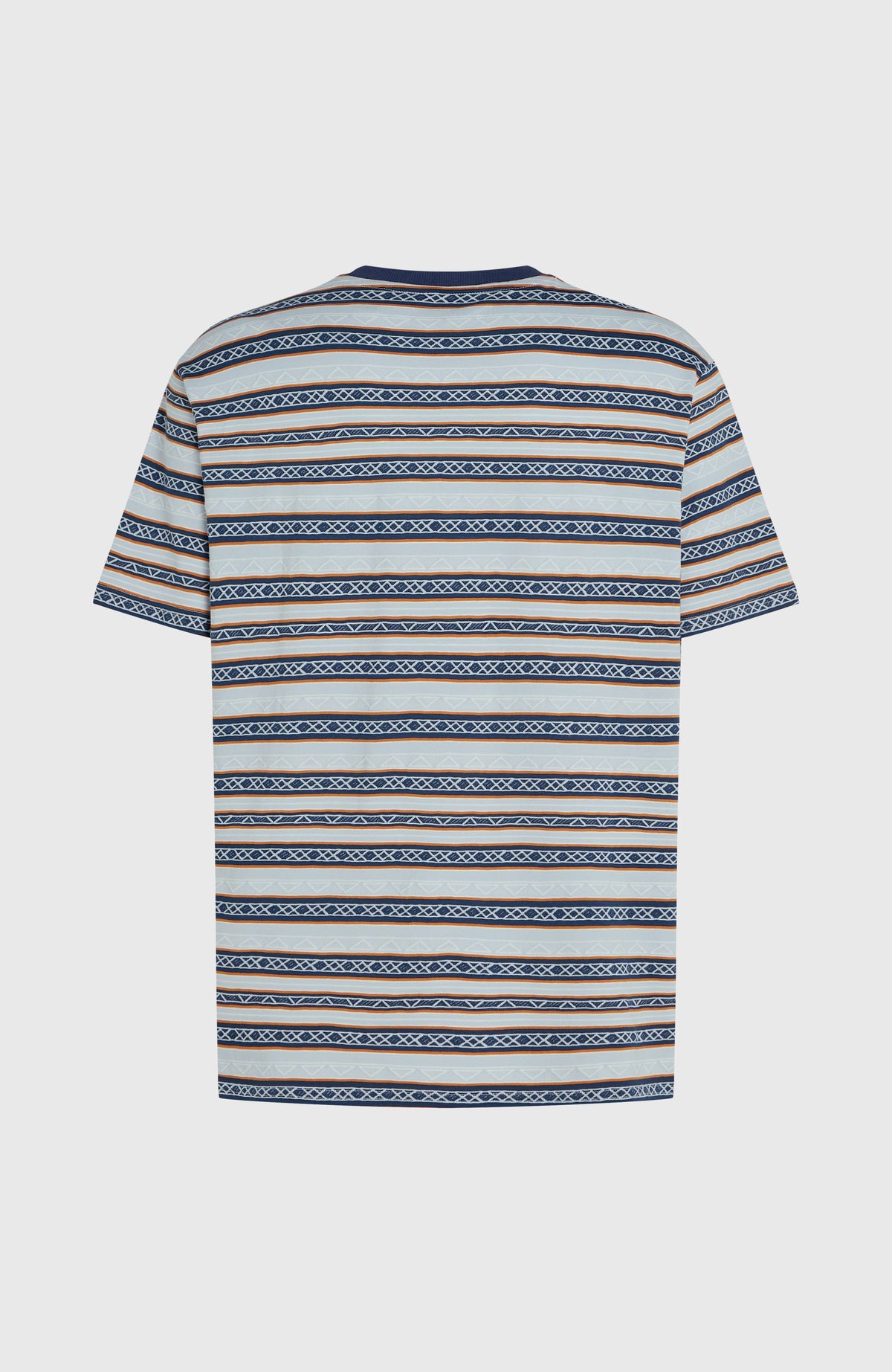 O'Riginals Stripe T-Shirt für Herren, blau mit Streifenmuster in Braun und Weiß, freigestellt von hinten
