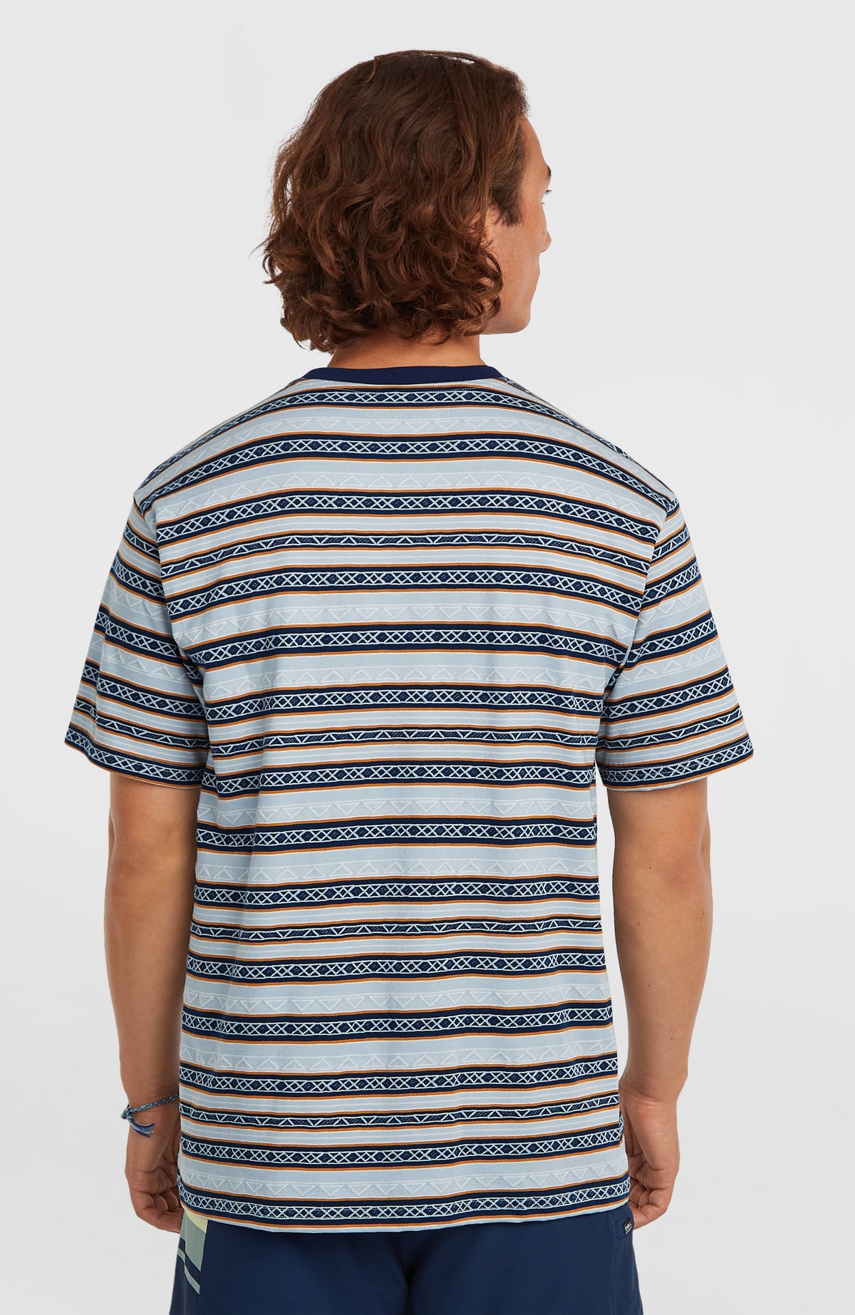 O'Riginals Stripe T-Shirt für Herren, blau mit Streifenmuster in Braun und Weiß, Rückansicht, getragen am Model