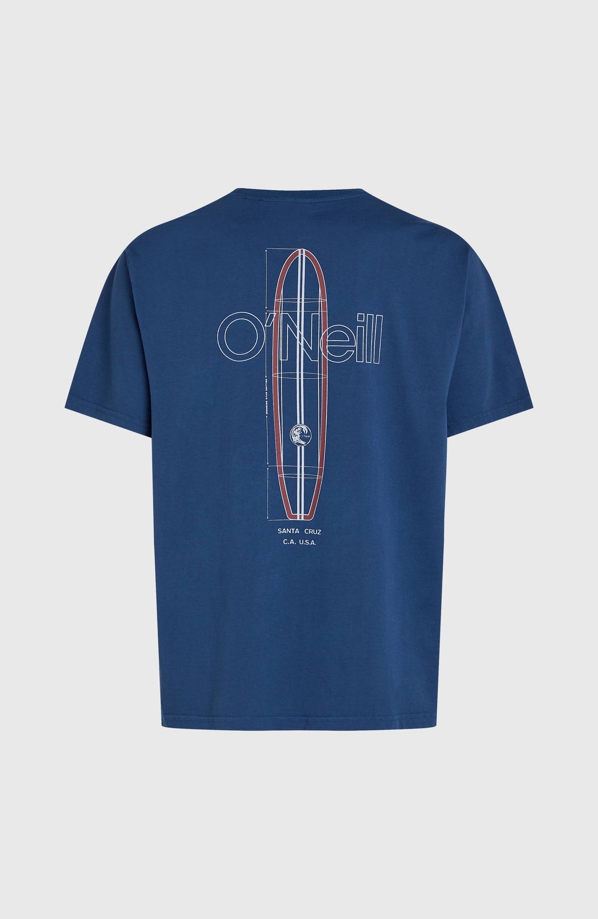 O'Riginals Vintage Graphic T-Shirt für Herren in Blau mit Surfboard-Print in Weiß und Rot, freigestellt von hinten