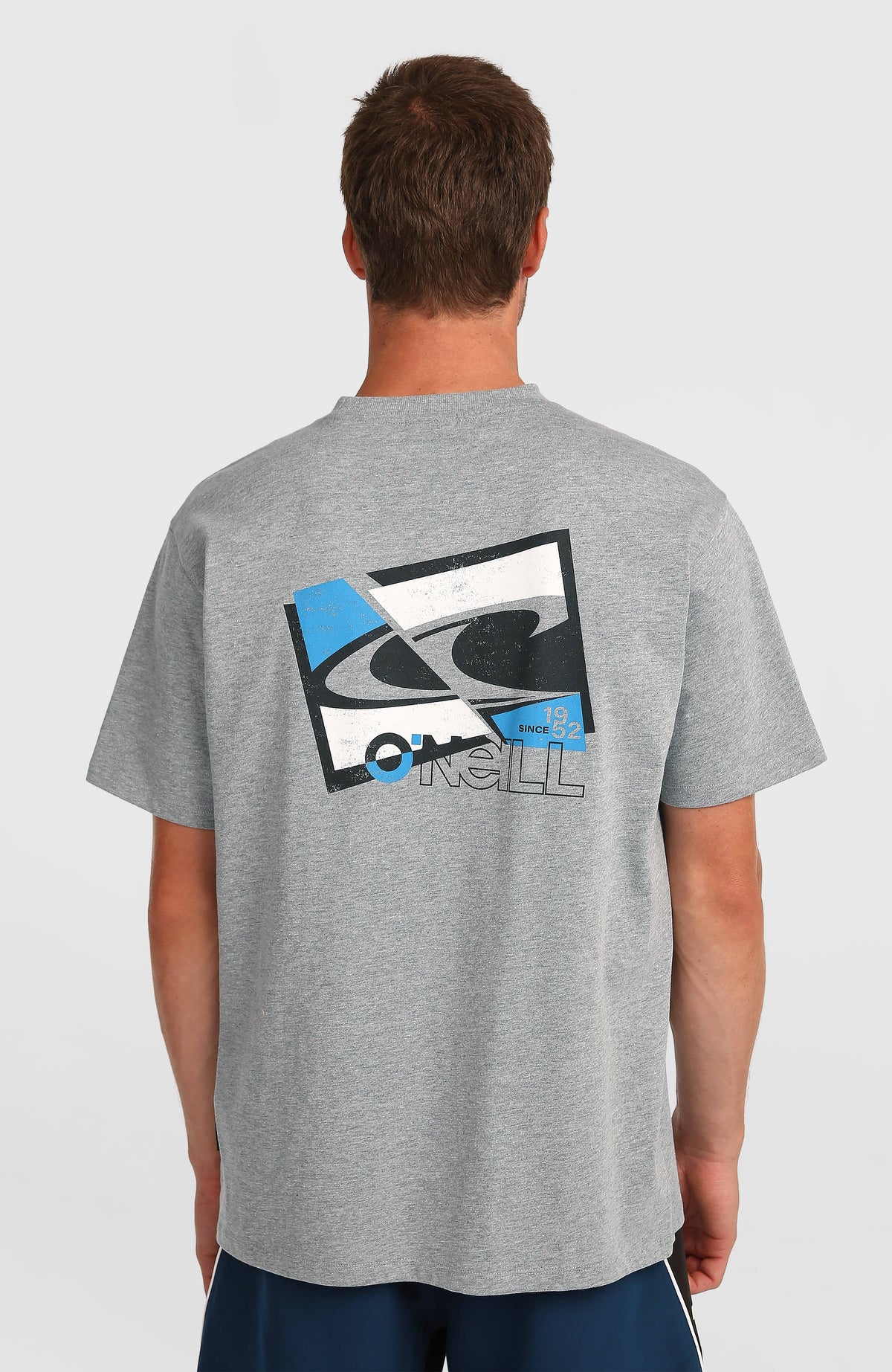 Essentials 90s Graphic T-Shirt für Herren, grau mit Logo-Print in Blau und Schwarz, Rückansicht am Model