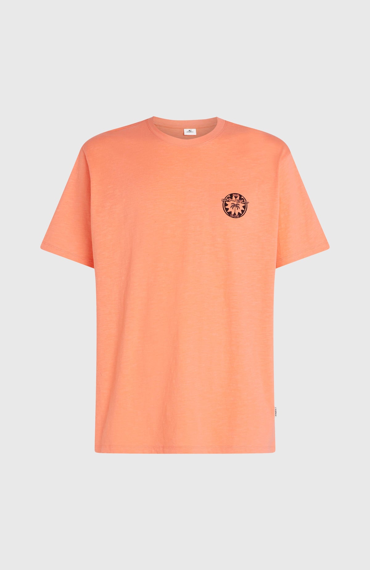 Slub Back-Print T-Shirt für Herren, orange mit Grafik-Print in Schwarz und Beige, flach liegend von vorne