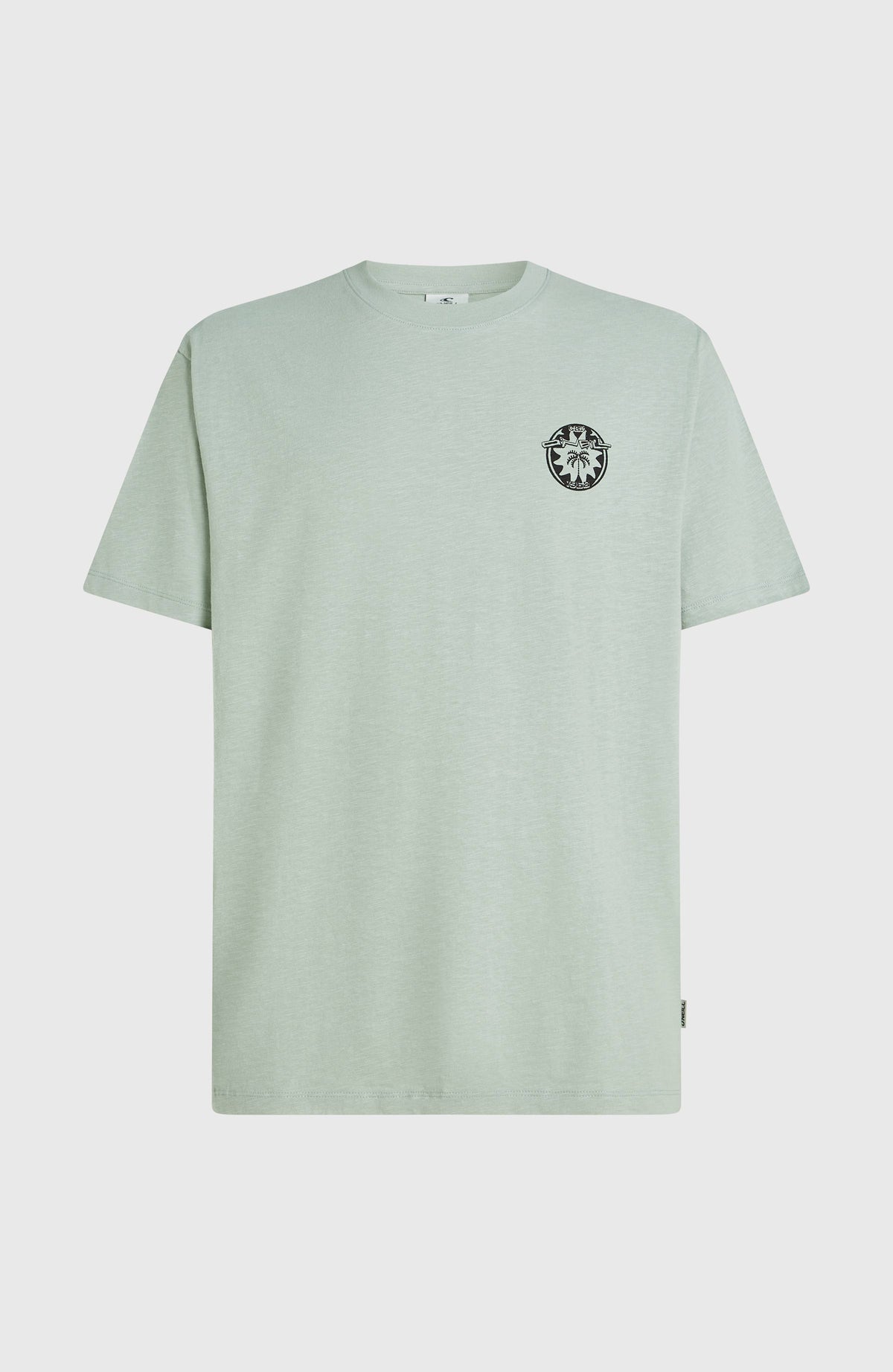 Slub Back-Print T-Shirt für Herren, grün mit Logo-Print in Schwarz und Türkis, flach liegend von vorne