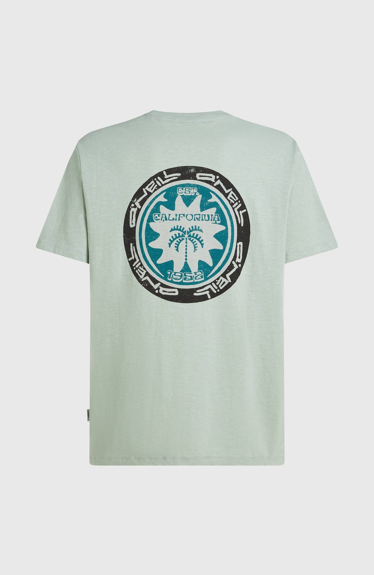 Slub Back-Print T-Shirt für Herren, grün mit Logo-Print in Schwarz und Türkis, flach liegend von hinten