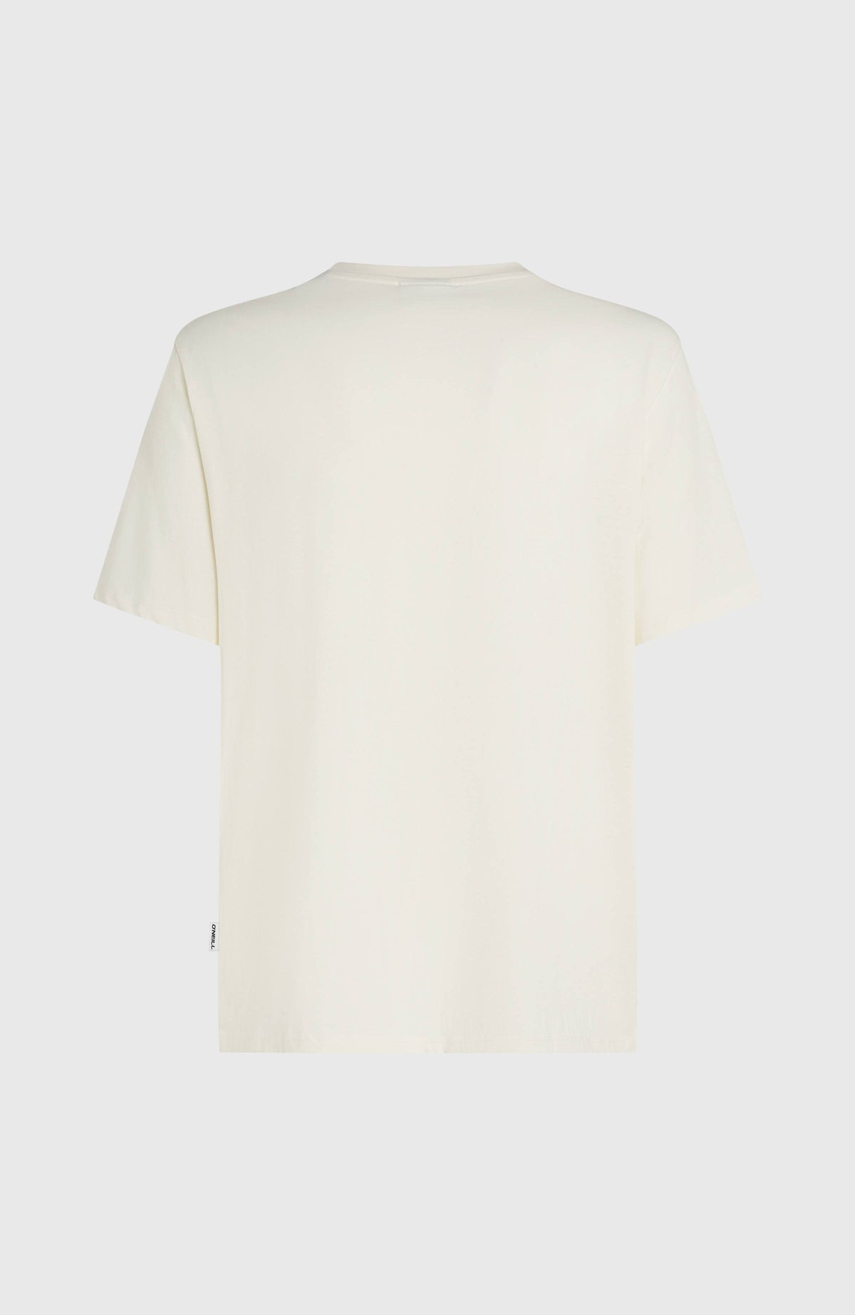 Graphic T-Shirt für Herren, weiß mit Logo-Print in Blau und Orange, flach liegend von hinten, Logo-Label am Saum