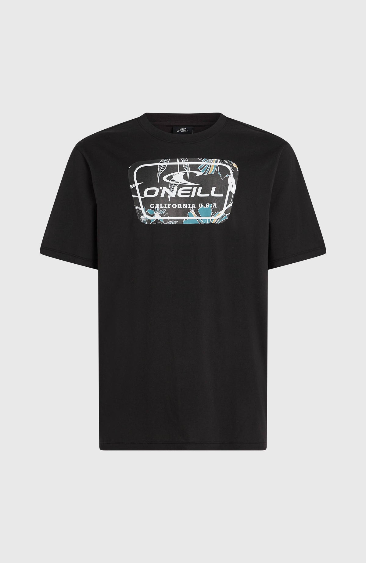 Graphic T-Shirt für Herren, schwarz mit Logo-Print in Weiß und Türkis, freigestellt von vorne