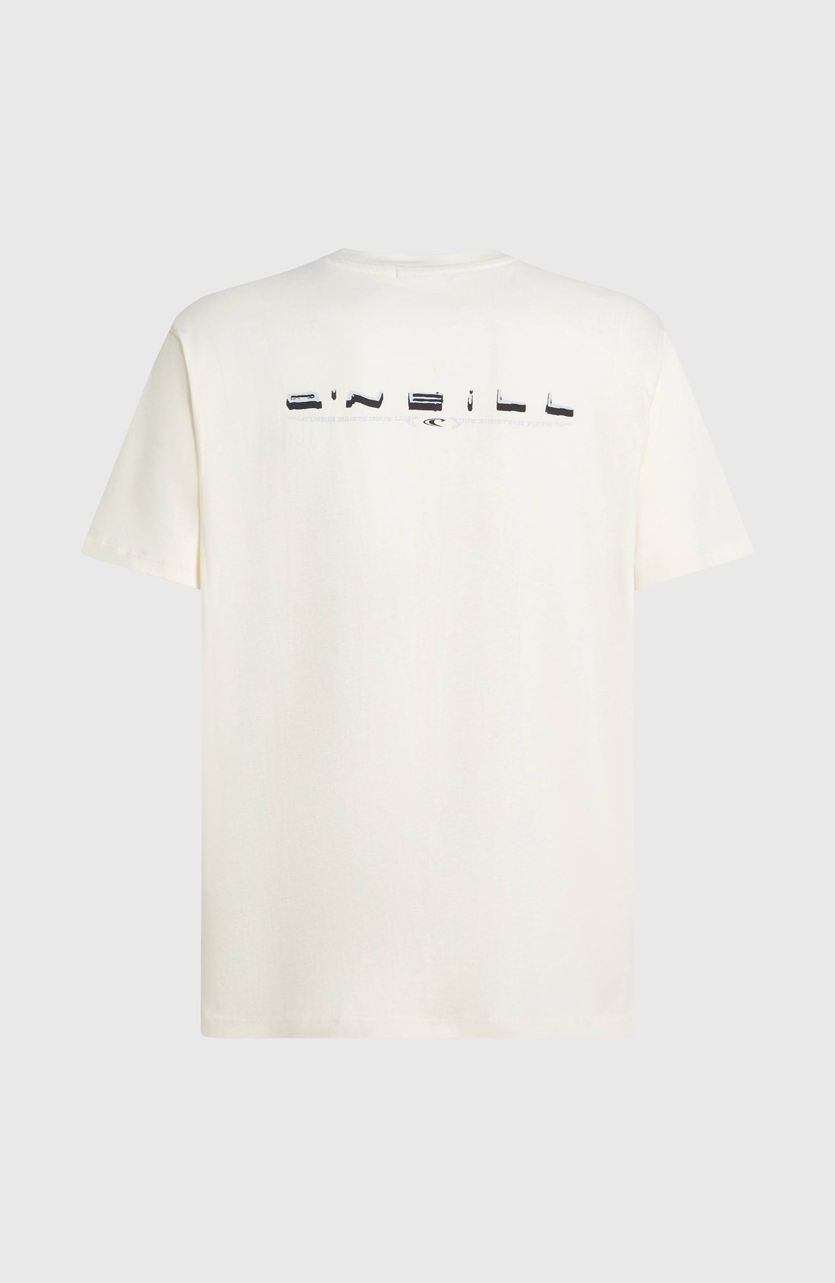 Retro Back-Print T-Shirt für Herren, weiß mit Logo-Print in Schwarz und Hellblau, freigestellt von hinten