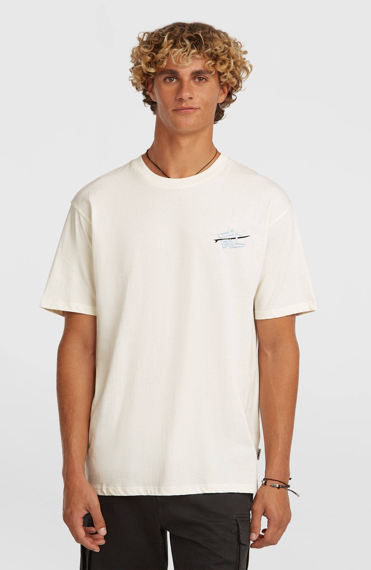 O'Neill Retro Back-Print T-Shirt für Herren, weiß mit Logo-Print in Schwarz und Hellblau, Vorderansicht am Model