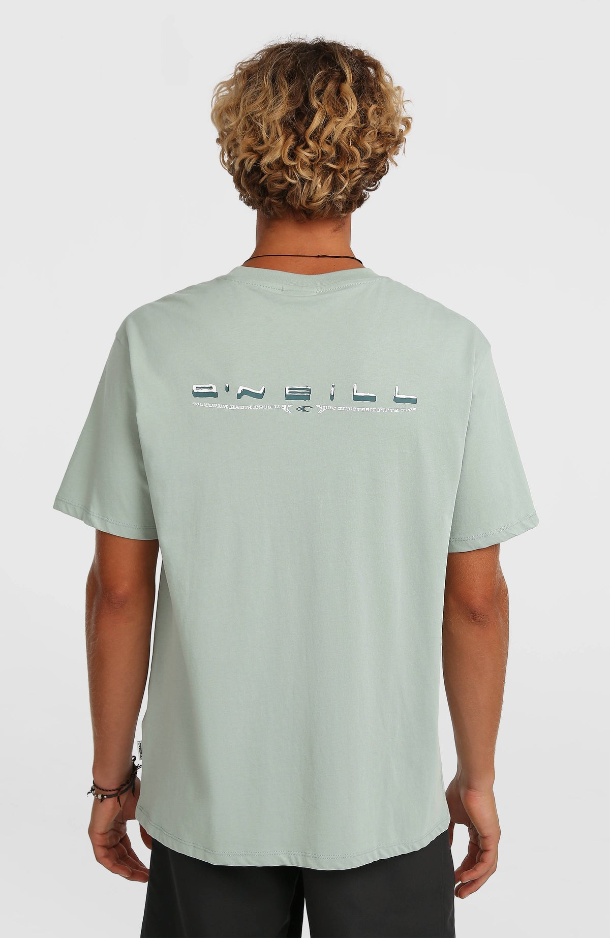 Retro Back-Print T-Shirt für Herren, grün mit großem Logo-Print in Weiß und Dunkelgrün, Rückansicht am Model
