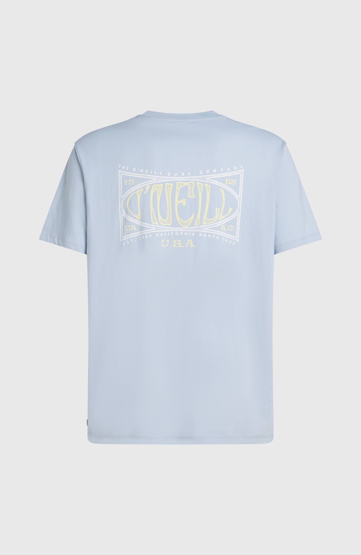 Box Logo T-Shirt für Herren, blau mit großem Logo-Print in Gelb und Weiß, freigestellt von hinten