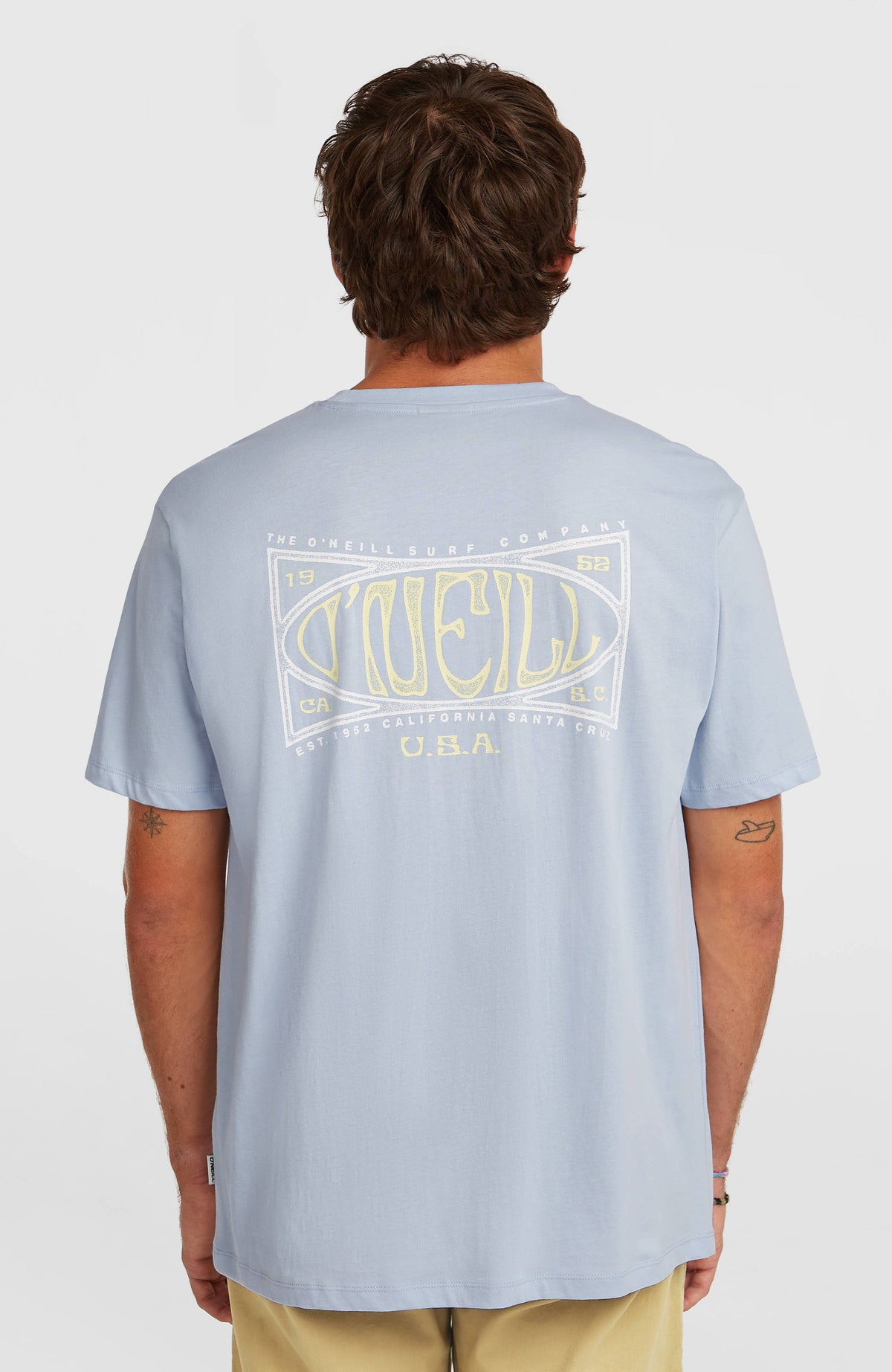 Box Logo T-Shirt für Herren, blau mit Logo-Print in Gelb und Weiß, Rückansicht am Model