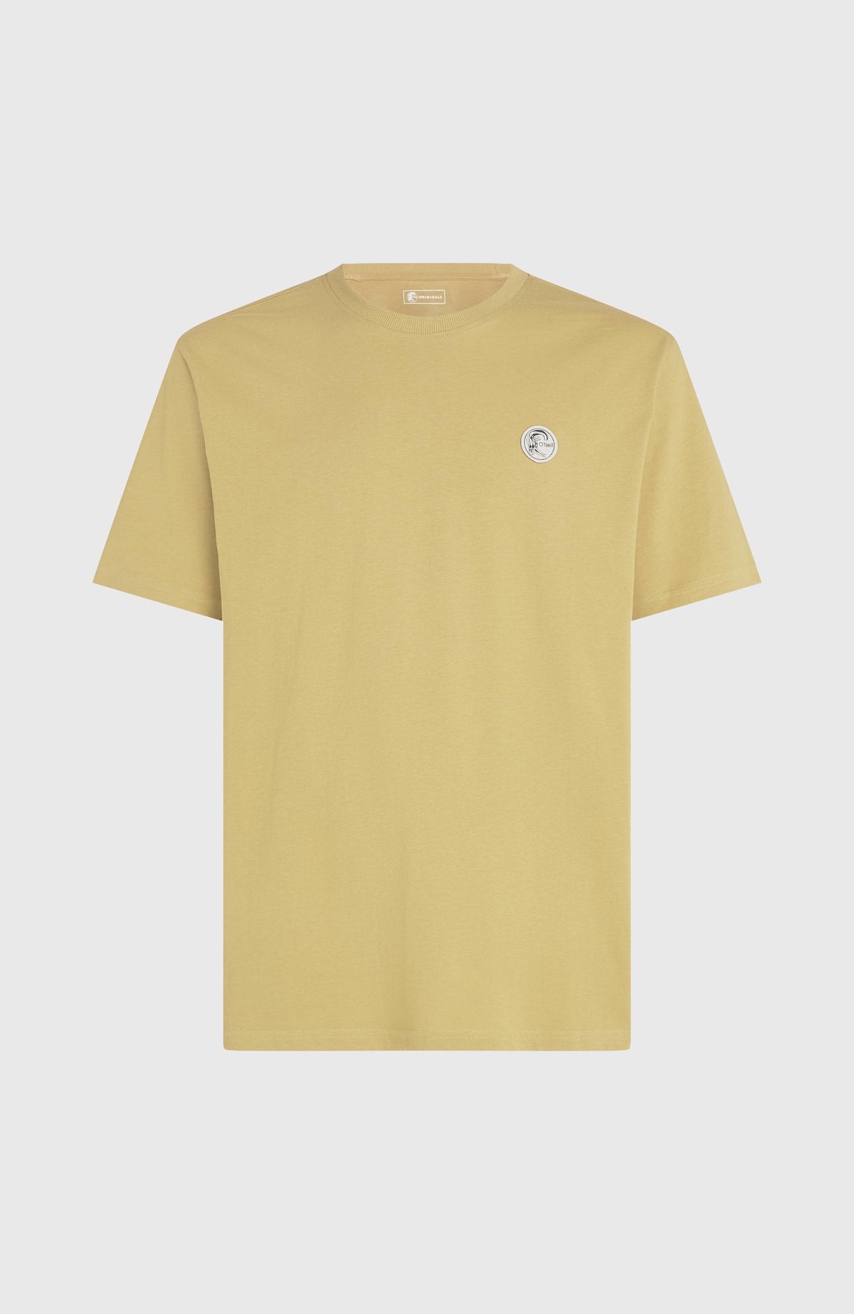 O'Riginals Badge T-Shirt, beige, flach liegend von vorne mit rundem Logo-Badge