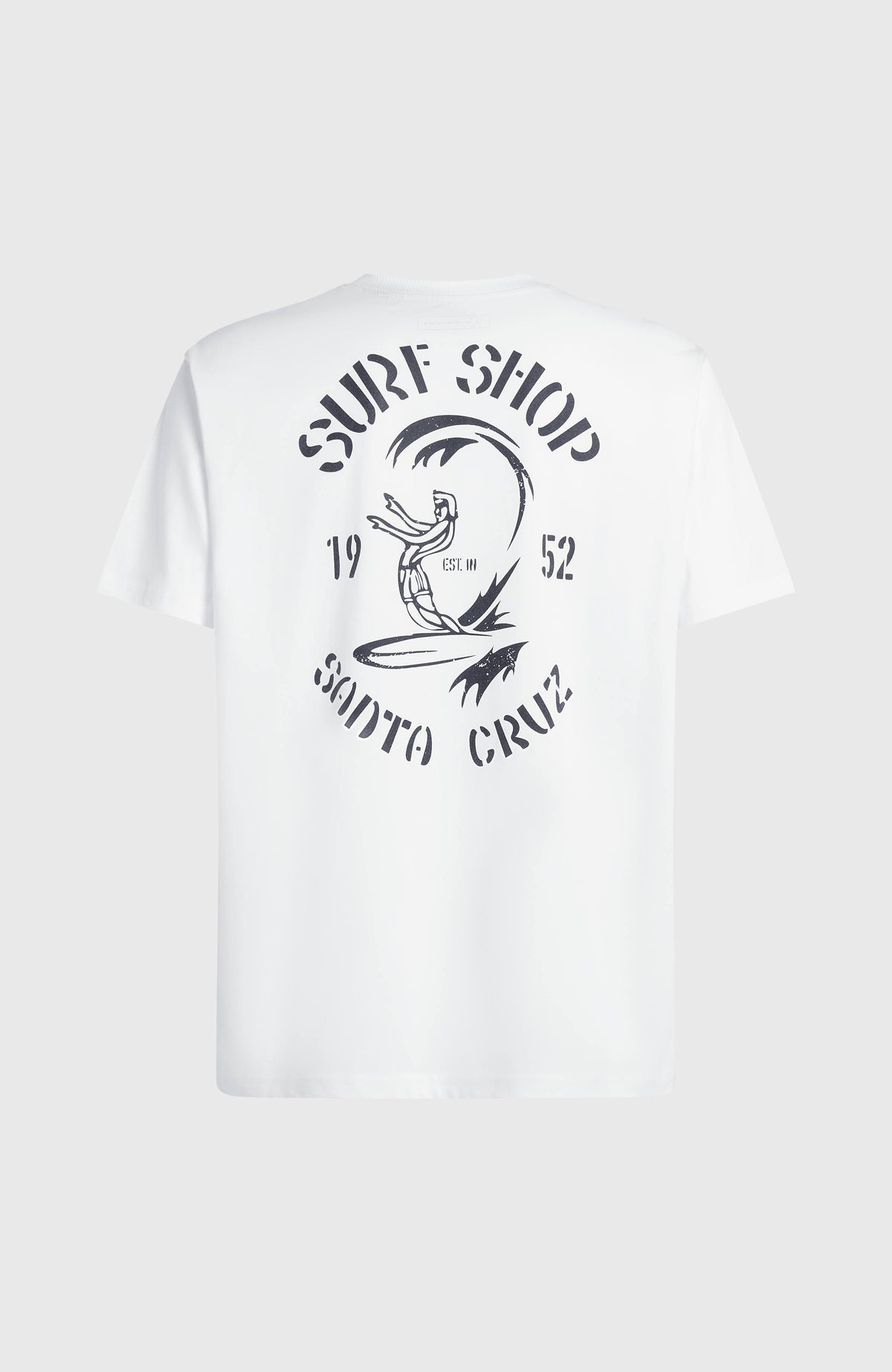 O'Riginals Surf Shop T-Shirt, weiß mit Logo-Print in Schwarz, freigestellt von hinten