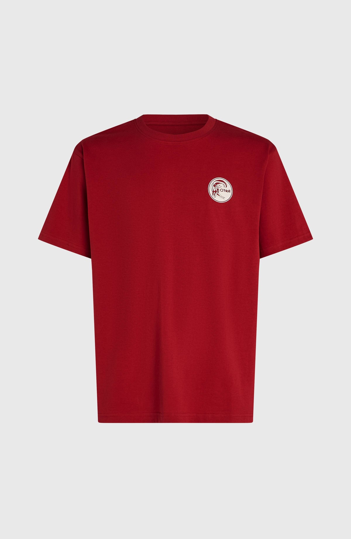 O'Riginals Surf Shop T-Shirt für Herren, rot mit Logo-Print in Weiß, flach liegend von vorne
