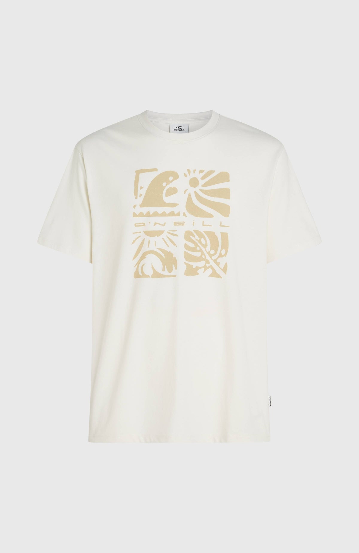Melange Front-Print T-Shirt für Herren, weiß mit Grafik-Print in Beige, flach liegend von vorne
