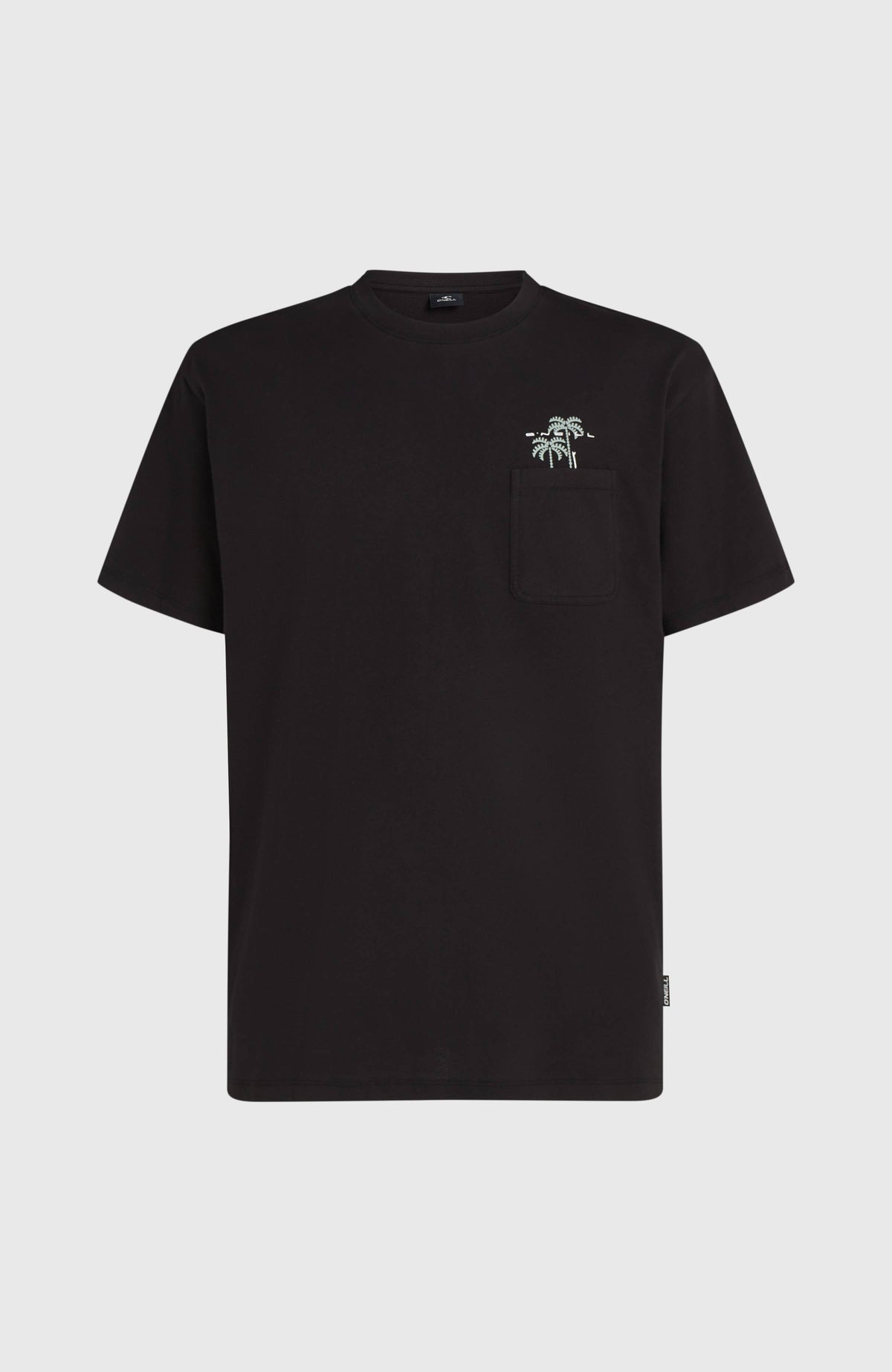 Chest Pocket T-Shirt für Herren, schwarz mit Palmen-Print in Mint, flach liegend von vorne mit Brusttasche