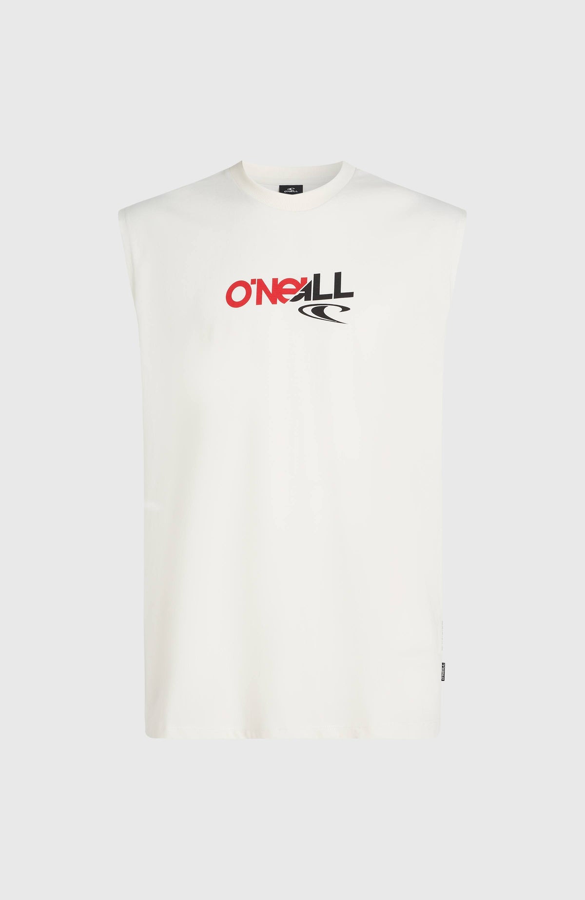 Essentials 90s Graphic Tanktop für Herren, weiß mit Logo-Print in Rot und Schwarz, freigestellt von vorne