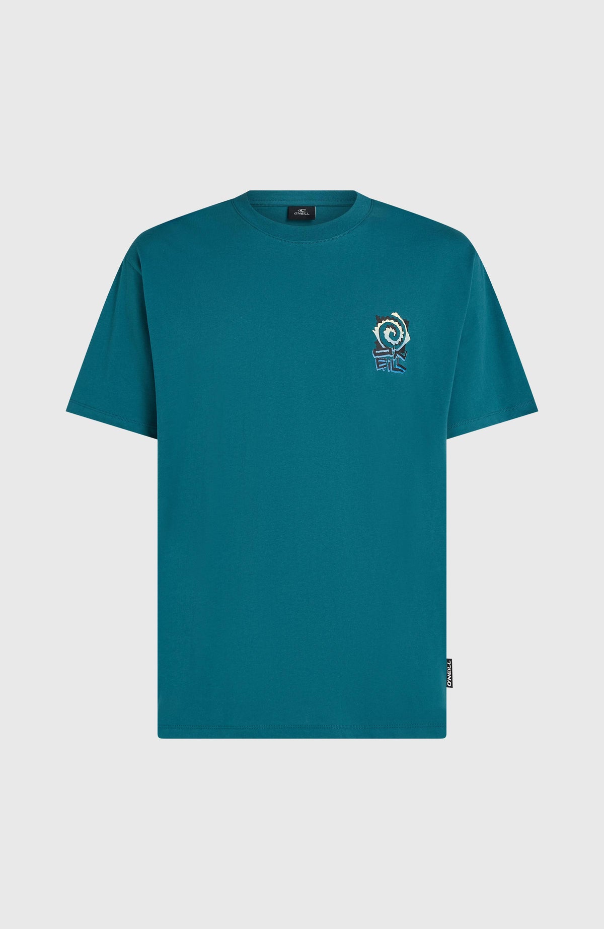 Chest-Print T-Shirt für Herren, grün mit Logo-Print in Blau und Weiß, flach liegend von vorne