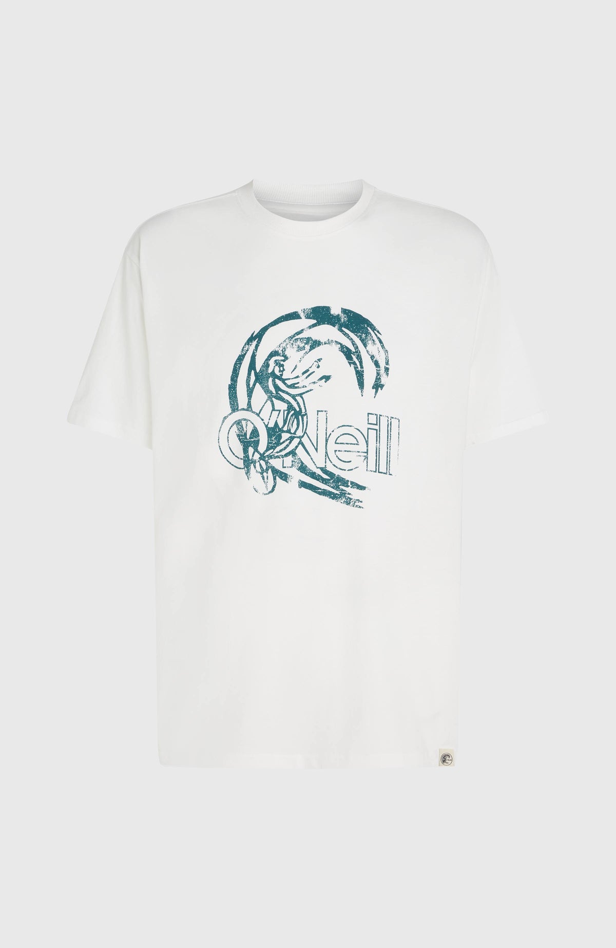 O'Riginals Circle Surfer T-Shirt, weiß mit Logo-Print in Grün, freigestellt von vorne mit kleinem Saum-Label