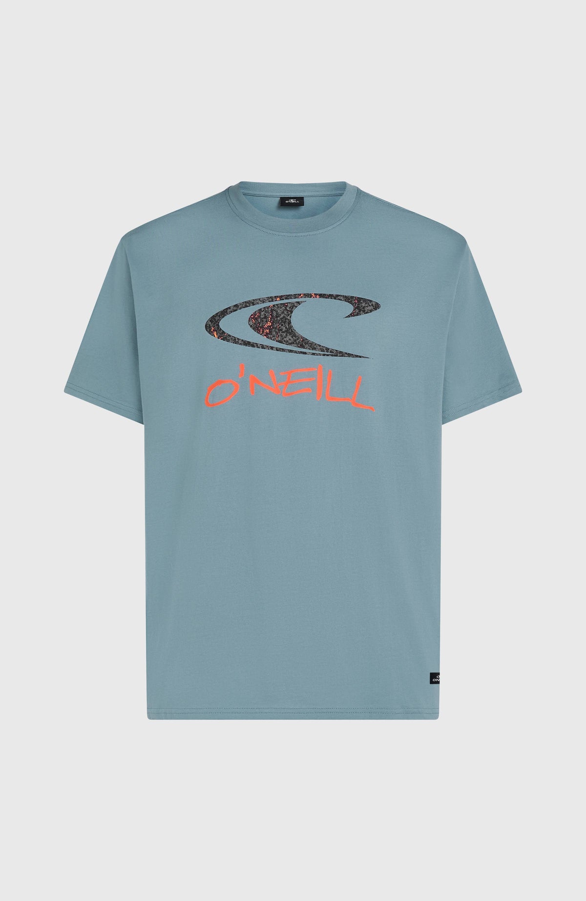 Must-Have Graphic T-Shirt für Herren, blau mit Logo-Print in Schwarz und Orange, flach liegend von vorne