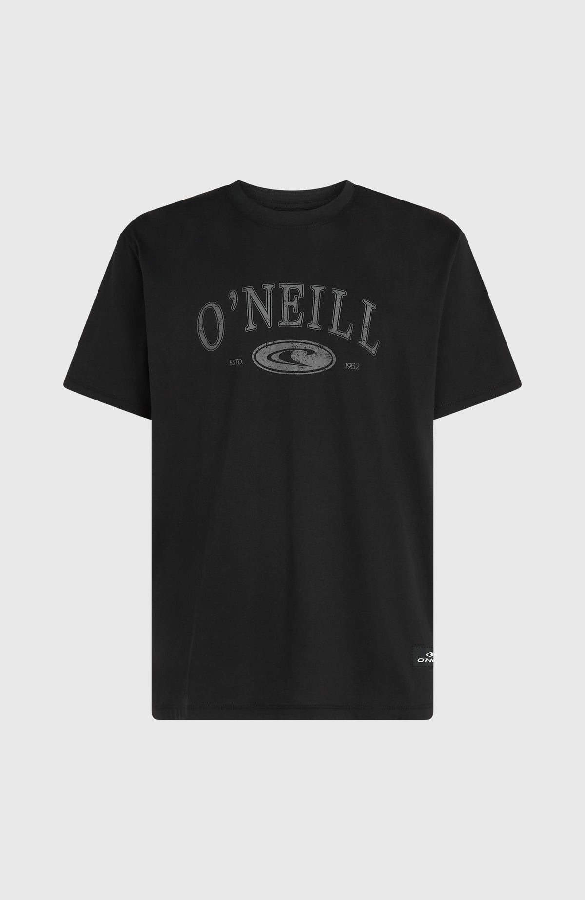 Muir T-Shirt für Herren, schwarz mit Logo-Print in Grau, freigestellt von vorne