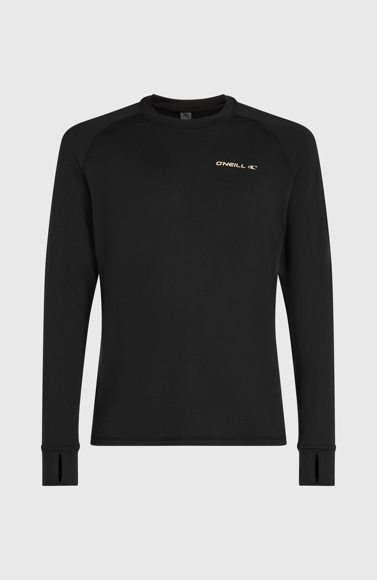 Schwarzes Thermoshirt für Herren, flach liegend von vorne mit Rundhalsausschnitt und Markenlogo auf der Vorderseite