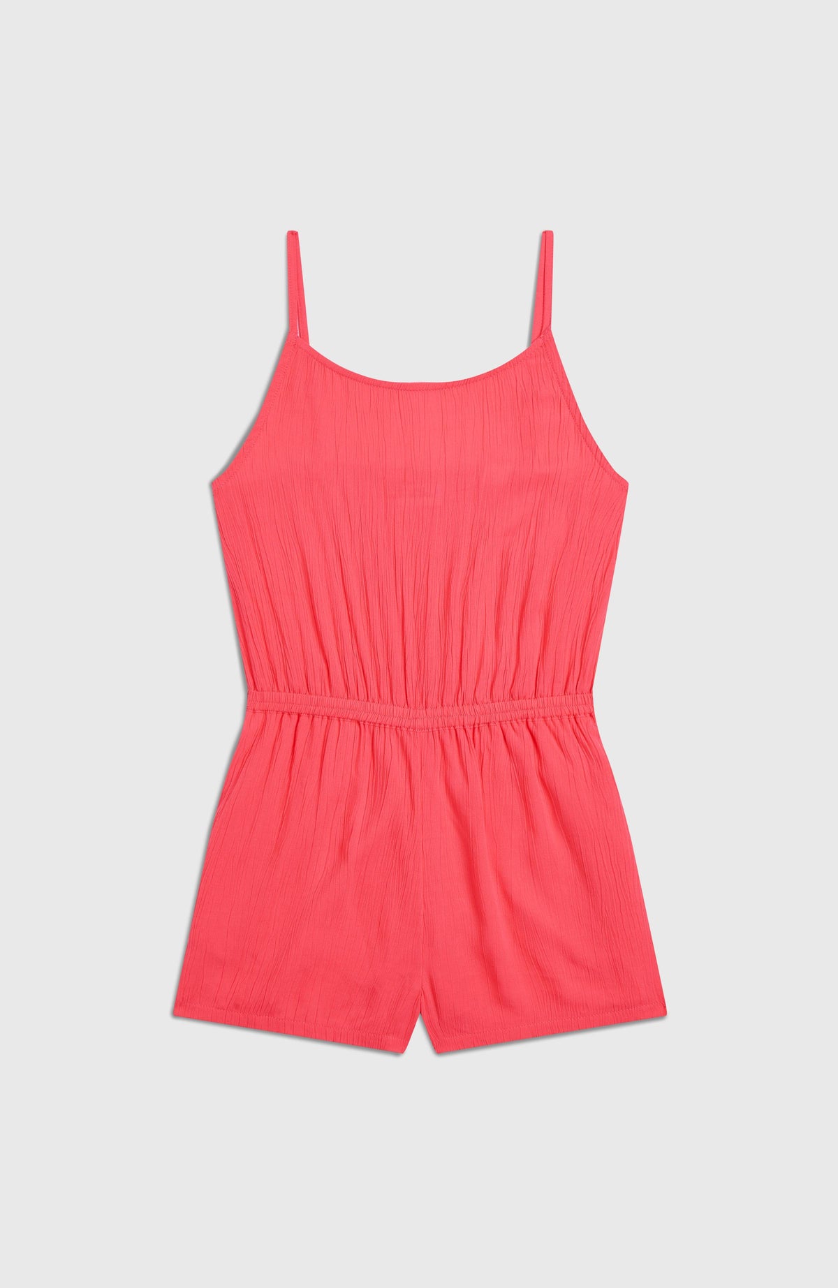 Gewebter Sommer-Playsuit für Mädchen, pink, flach liegend von vorne mit elastischem Bund
