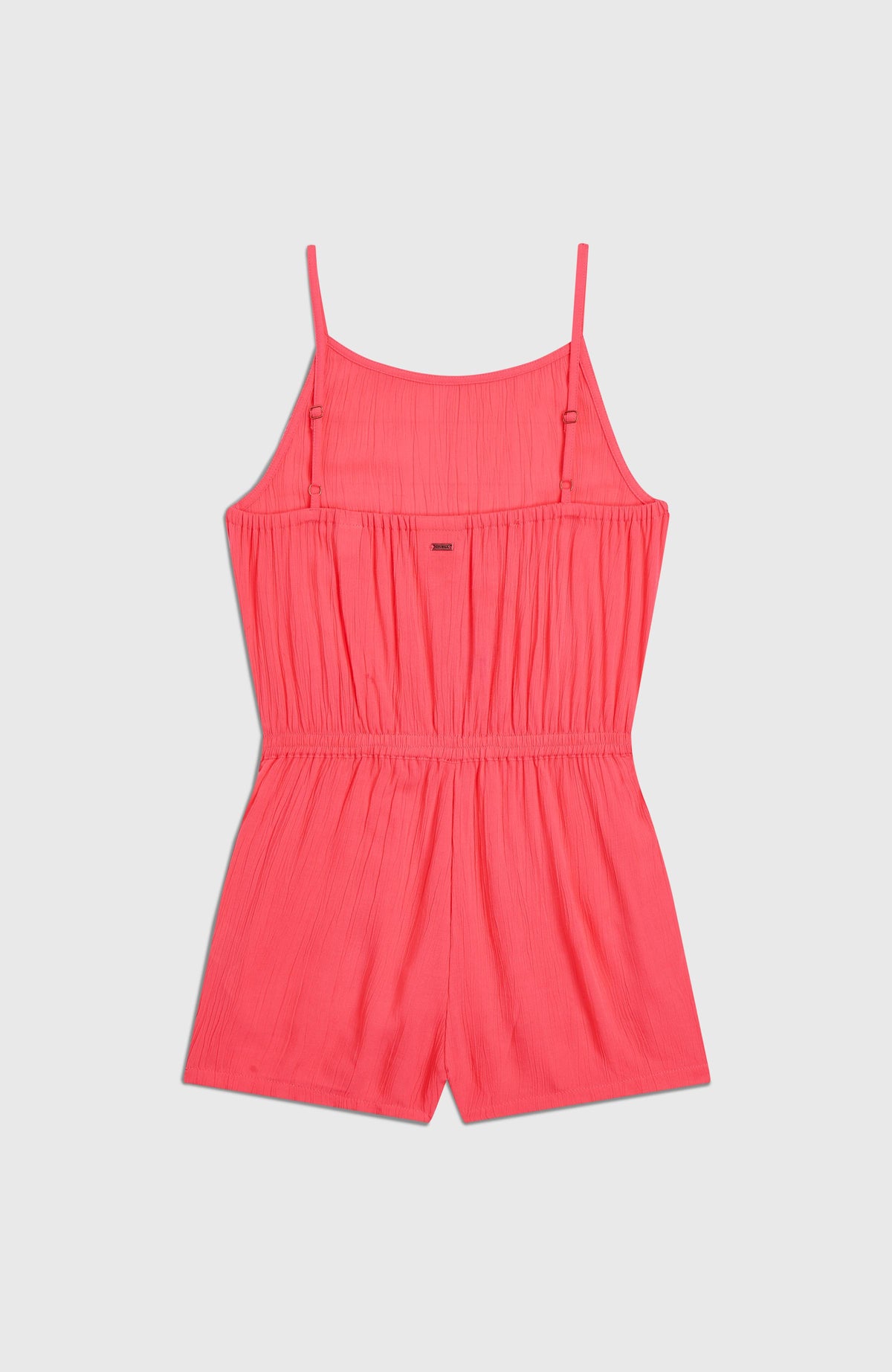 Gewebter Sommer-Playsuit für Mädchen, pink, flach liegend von hinten mit kleinem Logo-Badge