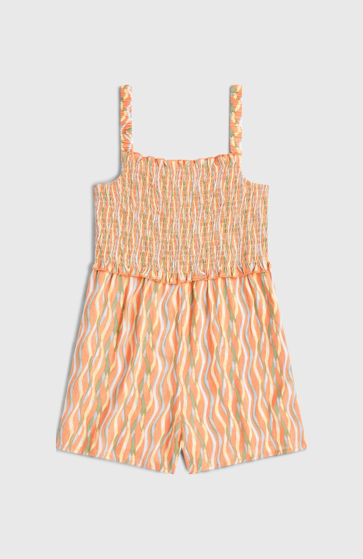 Woven Playsuit für Mädchen, orange mit Wellenmuster in Gelb und Grün, flach liegend von vorne